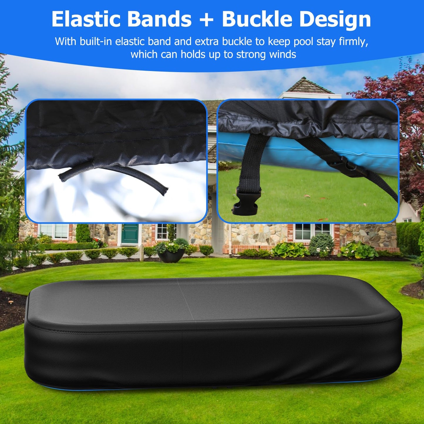 Rectangular Pool Cover for Inflatable Pool, Fits Blow Up Pool Size 120" L x 72" W, Built-in Elastic Band and Extra Buckle to Prevent Slipping, 10' x 6' Rectangle Above Ground Swimming Pool Cover