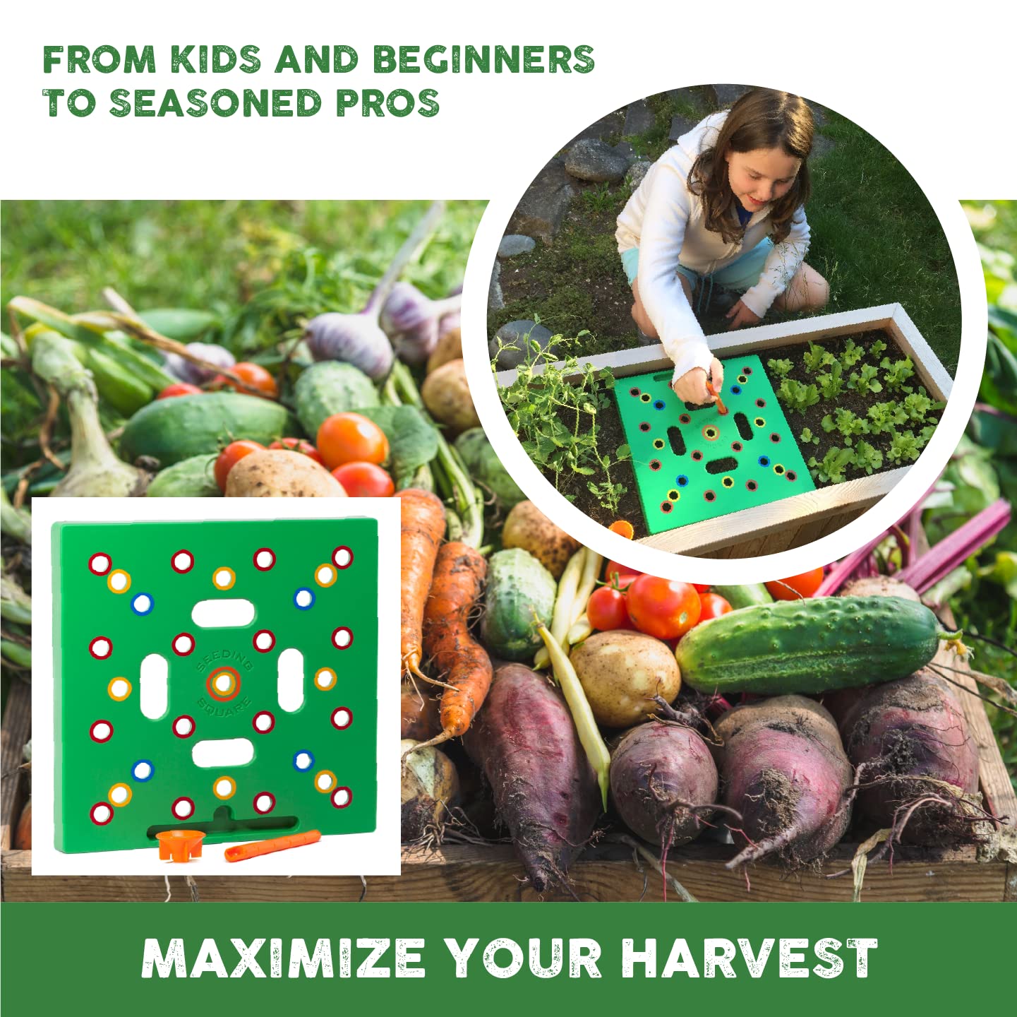 Seeding Square - Patented Seed and Seedling Spacer Tool for Bigger Harvests, Organized Plants & Fewer Weeds – Color-Coded Gardening Template with Dibber, Seed Spoon, Ruler & Planting Guide