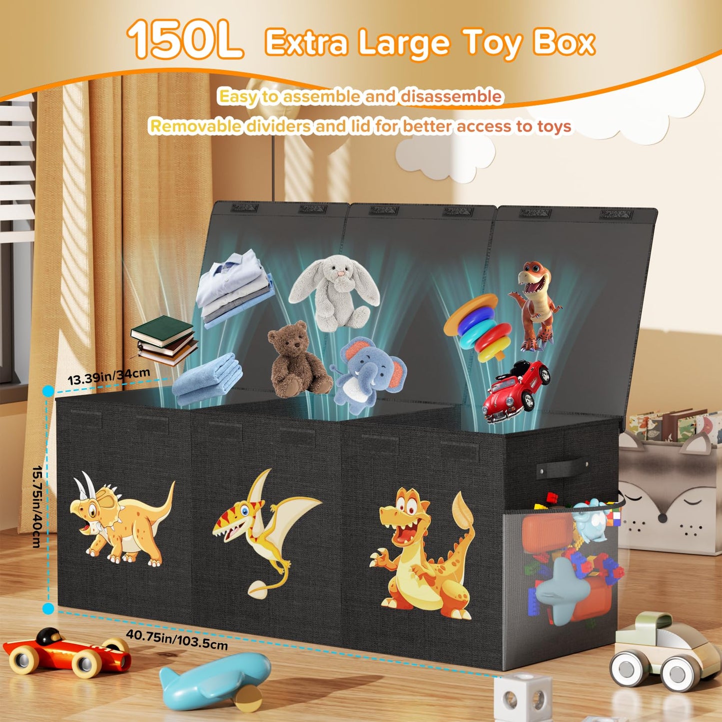 Extra Large Toy Box Chest, Collapsible Sturdy Toy Storage Organizer Boxes Bins Baskets Dinosaur Kids Toy Chest Bin with Lids for Boys Girls Living Room Playroom Bedroom Nursery 41"x14"x16" Black