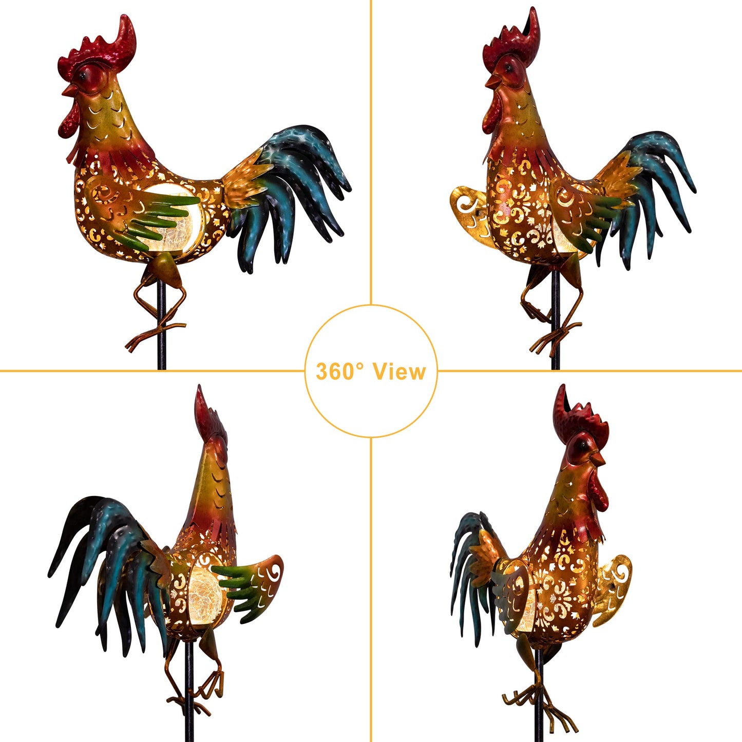 Tryme Rooster Solar Lights Outdoor Decorative Garden Statue Gifts for Chicken Lovers Women Mother Metal Yard Art for Lawn
