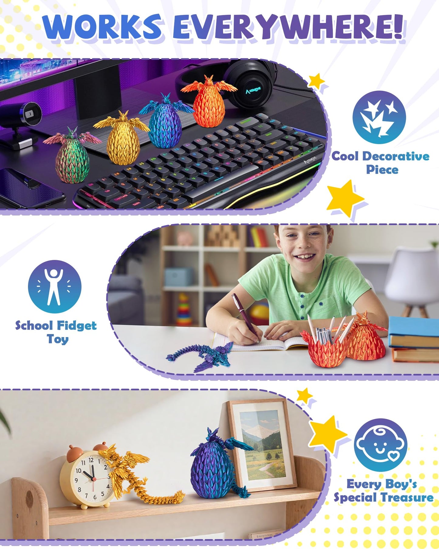 TBOLINE 4PCS 3D Printed Dragon with Wings and Egg, Surprise Egg with Flying Dragon Inside, Small 3D Printer Dinosaur Eggs Party Favors Toy Classroom Prizes Girls for Kids Gifts 5-7 8-12