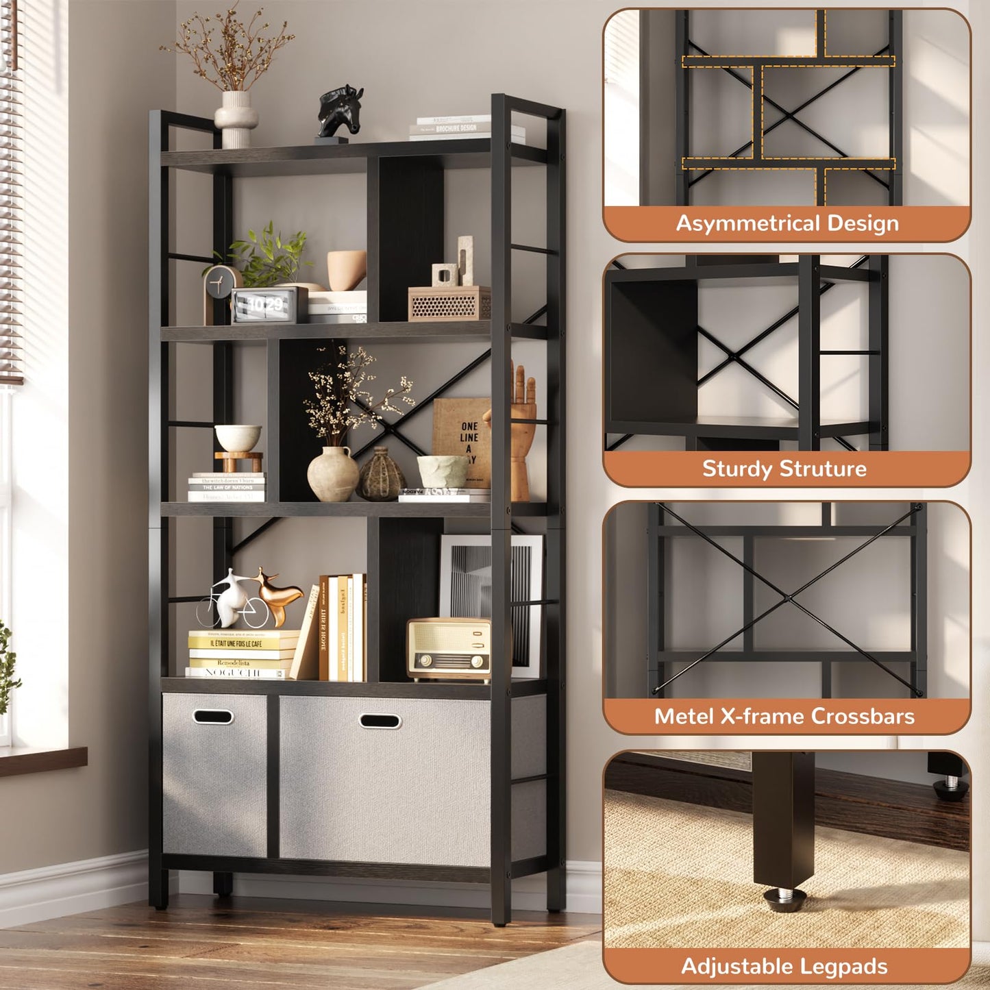 Armocity Bookshelf with Drawers - 5 Tier Tall Bookcase Geometric Modern Book Shelf Display Standing Bookshelves with Storage for Living Room, Bedroom Home Office, Black