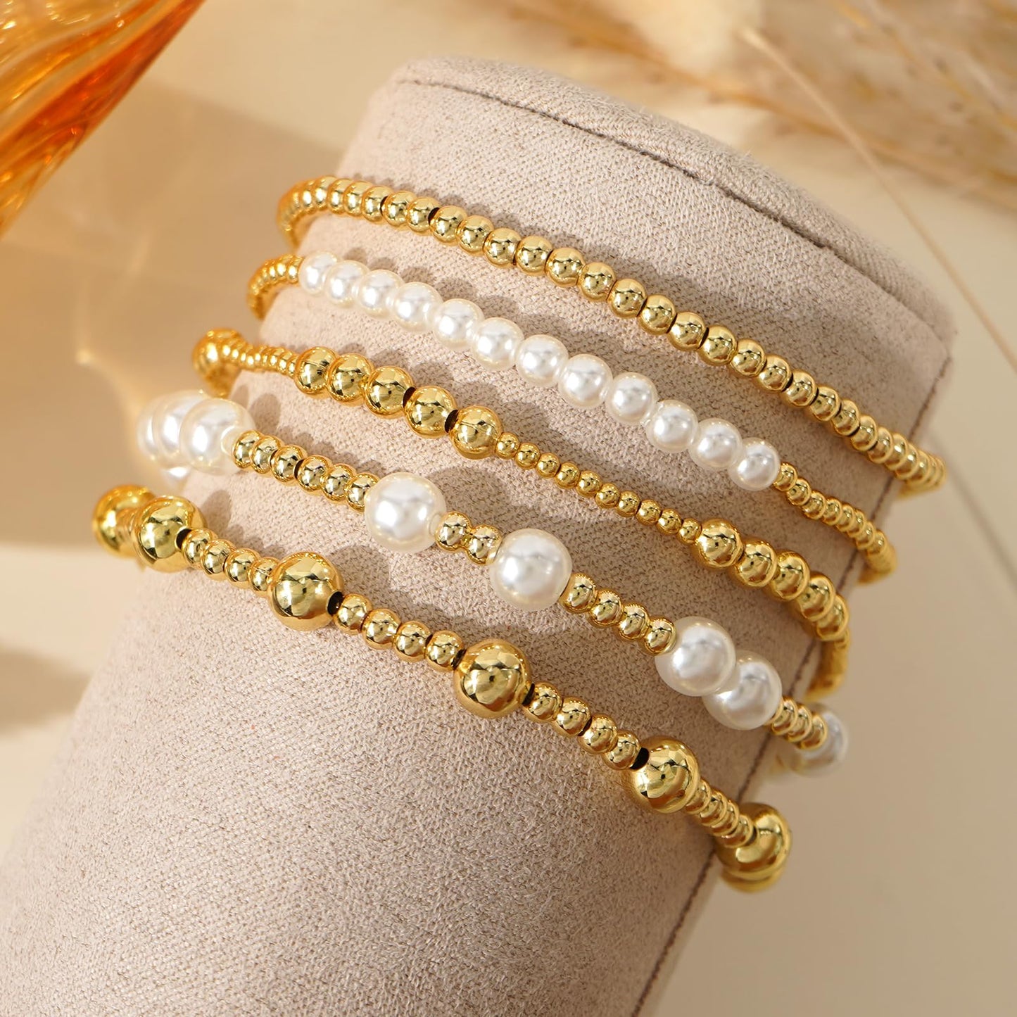 14K Gold Pearl Beaded Bracelet Stack for Women,Dainty Bohemian Stretch Gold Plated Ball Beads Non Tarnish Stackable Bracelets Fashion Holiday Party Jewelry Gift Friendship