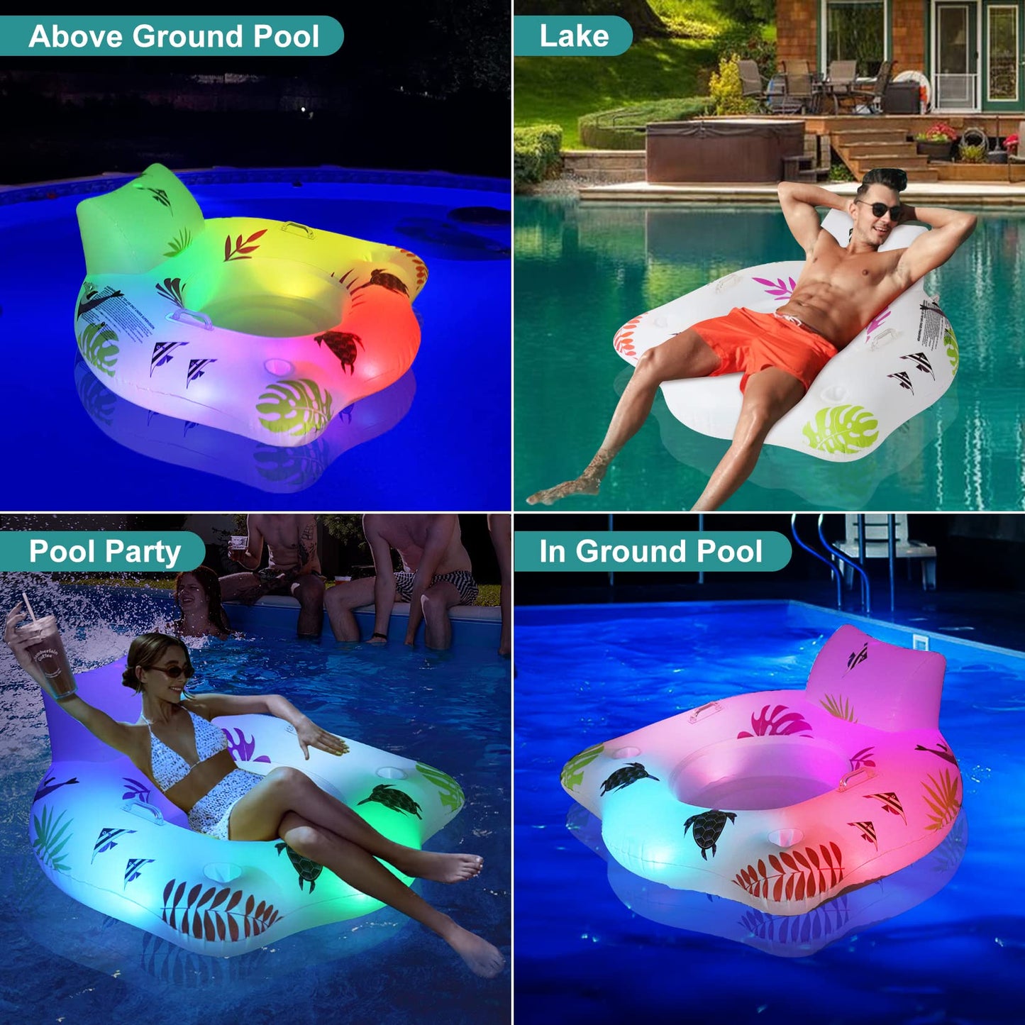 DeeprBlu Inflatable Pool Floats Chair with Color Changing Light, Solar Water Floats for Adults with 2 Cup Holders & 2 Armrests, Beach Float Pool Sofa, Pool Raft Lounge Pool Floaties for Adult