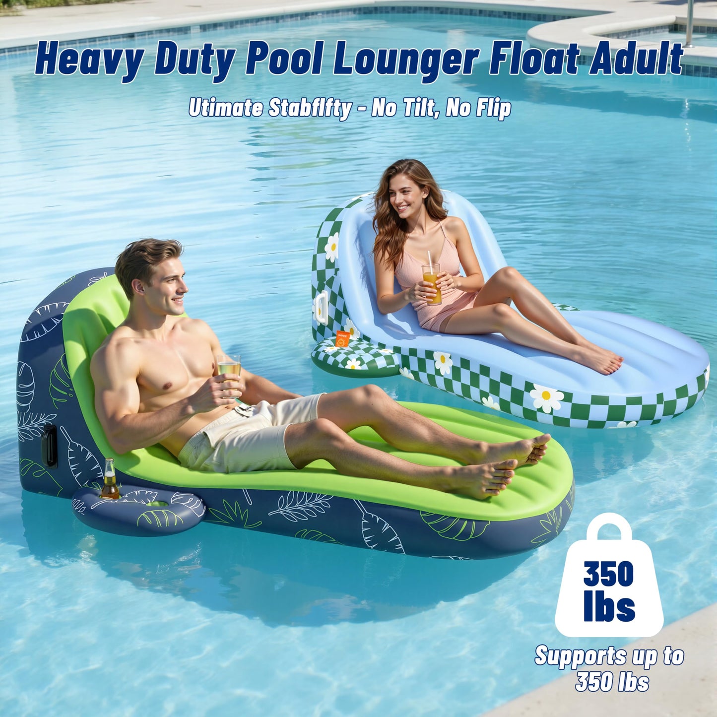 JOSEN Pool Floats Adult Heavy Duty, Inflatable Pool Lounger Float with Cup Holder and Caddy, Extra Large Pool Rafts for Adults, Tanning Pool Float Water Floaties Beach Lake Sunbathing