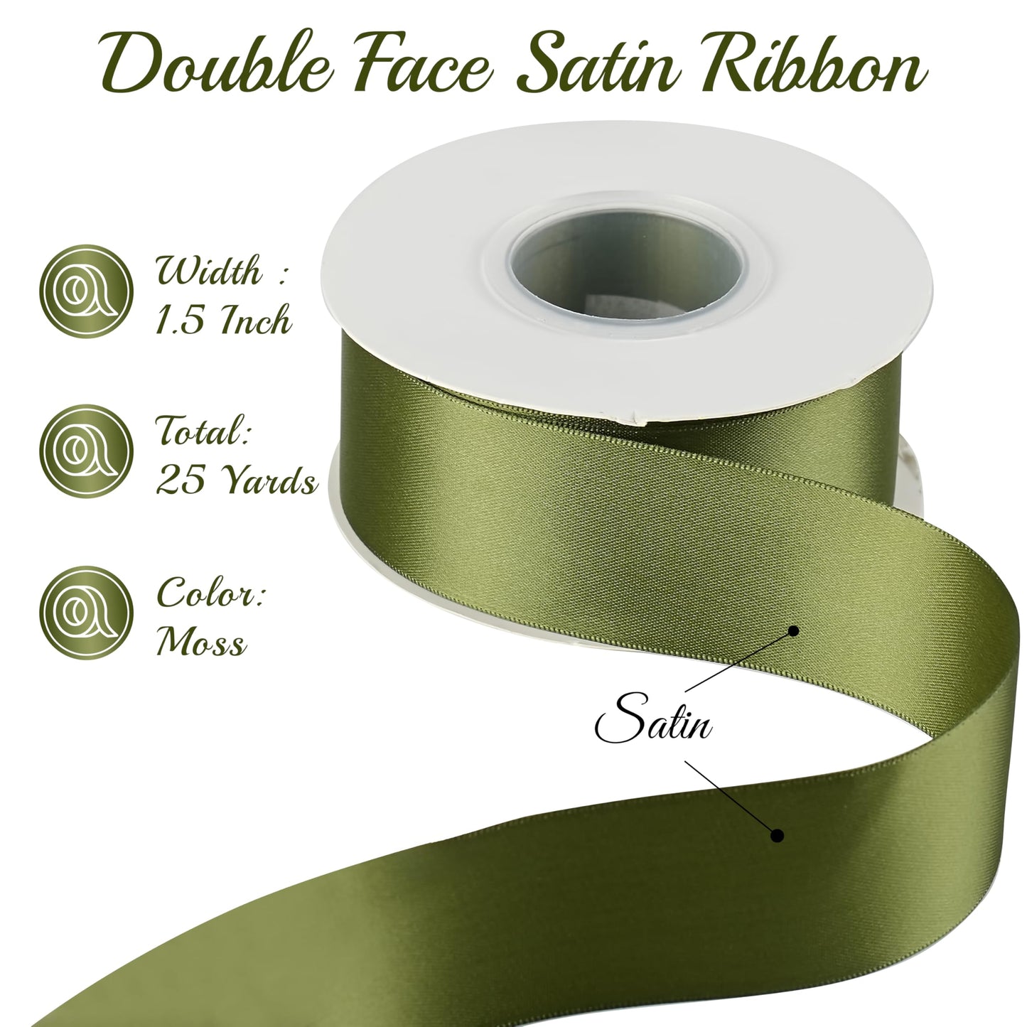 MAYREEL Moss Satin Ribbon 1.5 Inch Thick Double Faced Dark Green Ribbon for Crafts Gift Wrapping Wedding Decor Hair Bows Party Favor Flower Bouquets 25 Yards