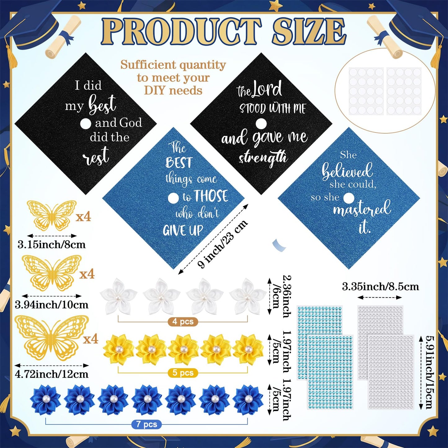 Dunzoom 36 Pcs DIY Graduation Cap Decorations Accessory Kit Artificial Flowers Inspirational Cardstock 3D Butterfly Stickers Rhinestone Stickers for DIY Hat Grad Cap Topper Graduation Party(Blue)