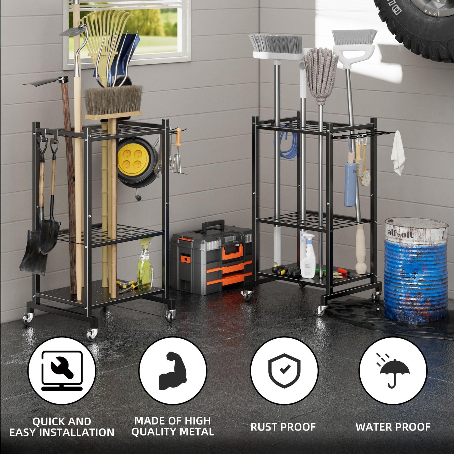 LAKEMID Garden Tool Organizer Stand with Wheels,Yard Tool Organizer for Garage with 2 Hooks, Rack Up to 42 Tools,Broom Holder & Garden Tool Rack for Shed, Patio, Outdoor Use