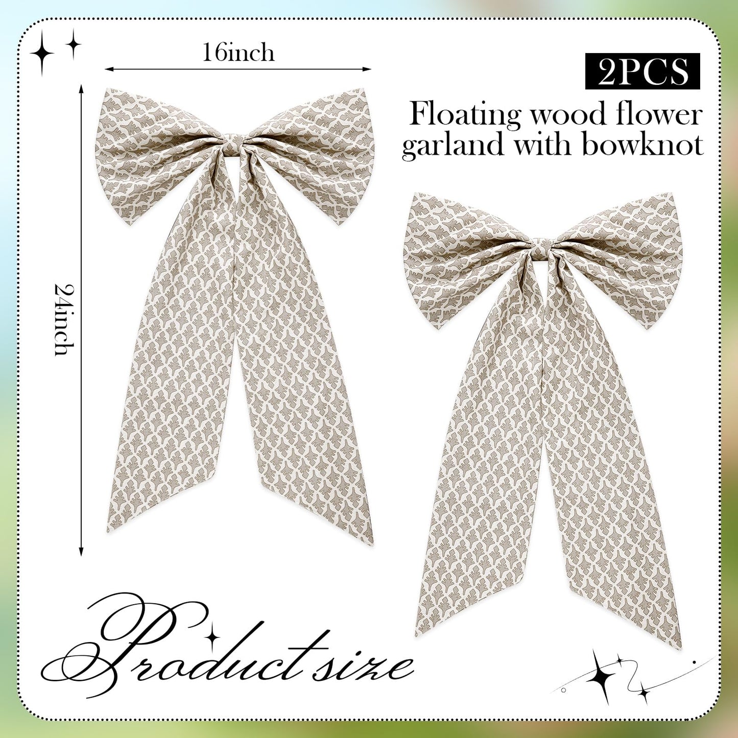 HunnmingRe 2 Pcs Driftwood Block Print Bow Wreath Sash 24 x 16 Inch Christmas Wreath Sash for Front Door Holiday Floral Burlap Bow Accessories for Doorway Indoor Outdoor Garland Home (Beige)