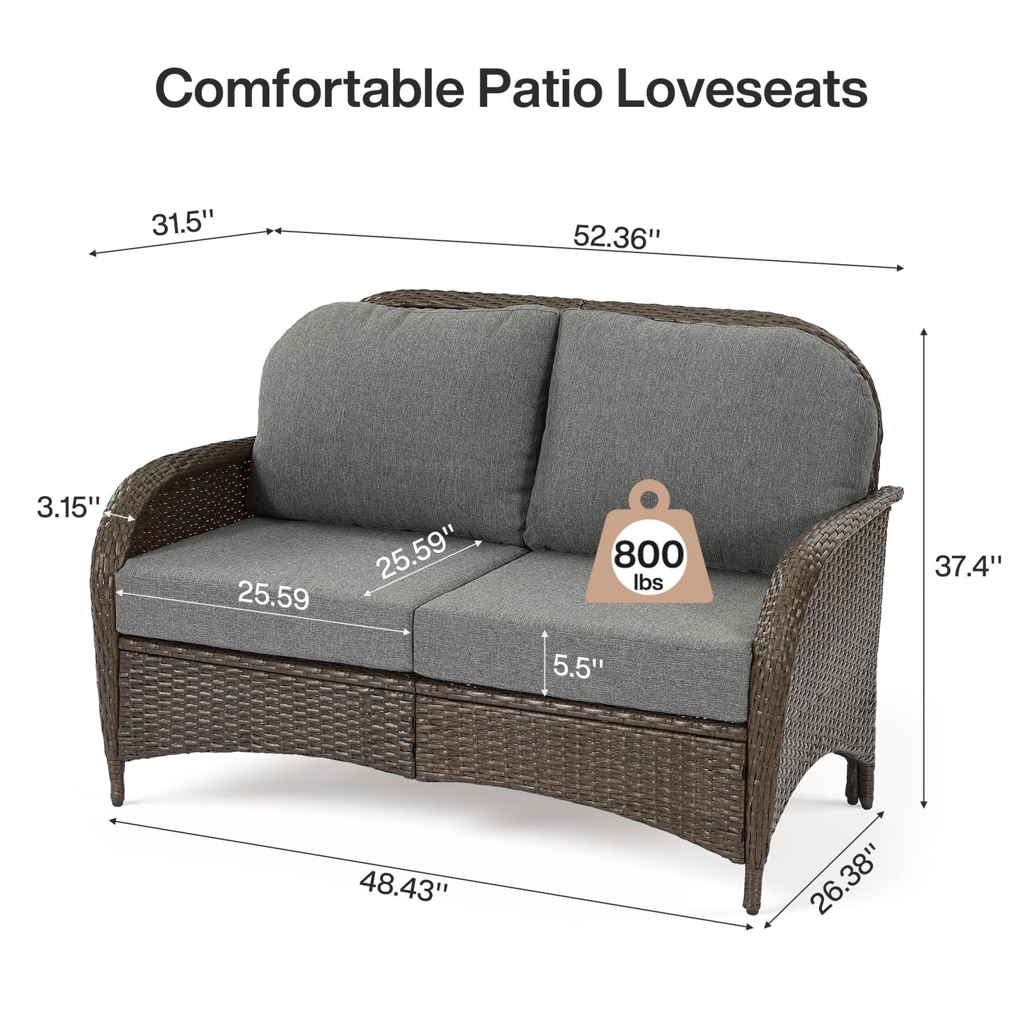 Tribesigns Outdoor Wicker Loveseat with 5.5'' Thick Cushions, 2-Seater Patio Sofa with 26.8'' Deep Seat, All-Weather Patio Wicker Loveseat for Porch, Deck, Backyard, Poolside, Gray/Brown