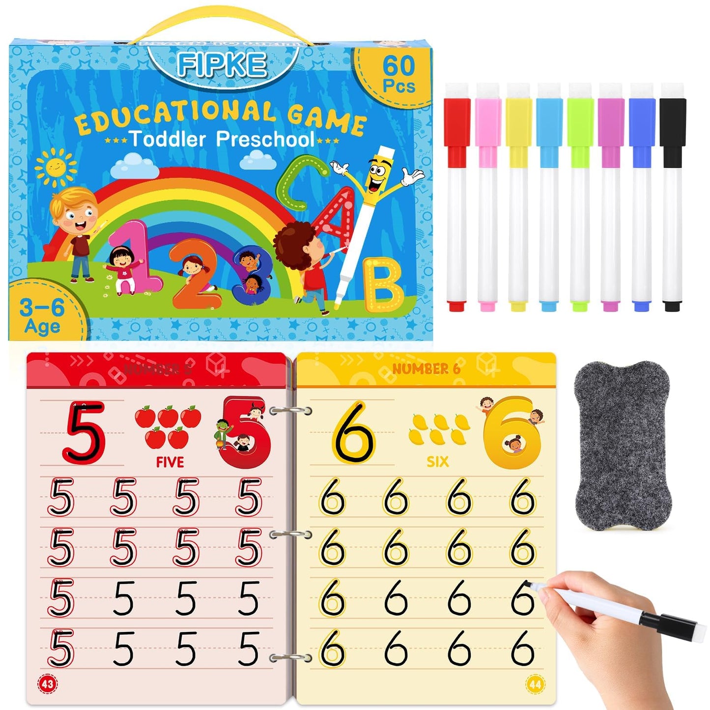 FIPKE Preschool Handwriting Practice Book, Toddlers Preschool Learning Activities with 60 Pages Reusable Magic Practice Copybook for Kids, Educational Montessori Toys for 3 4 5 6 Year Old