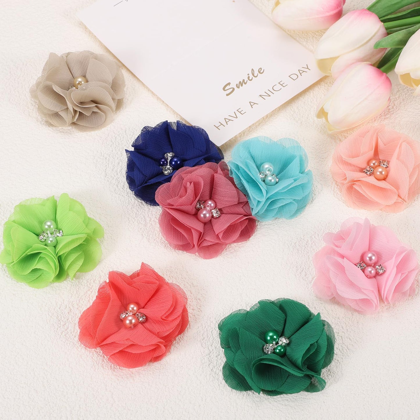PATIKIL 2 Inch Chiffon Flowers, 12 Pcs Rhinestone Pearl Sewing Fabric Flowers Artificial Appliques Embellishments for Clothing Wedding DIY Craft Headbands Decor, Teal