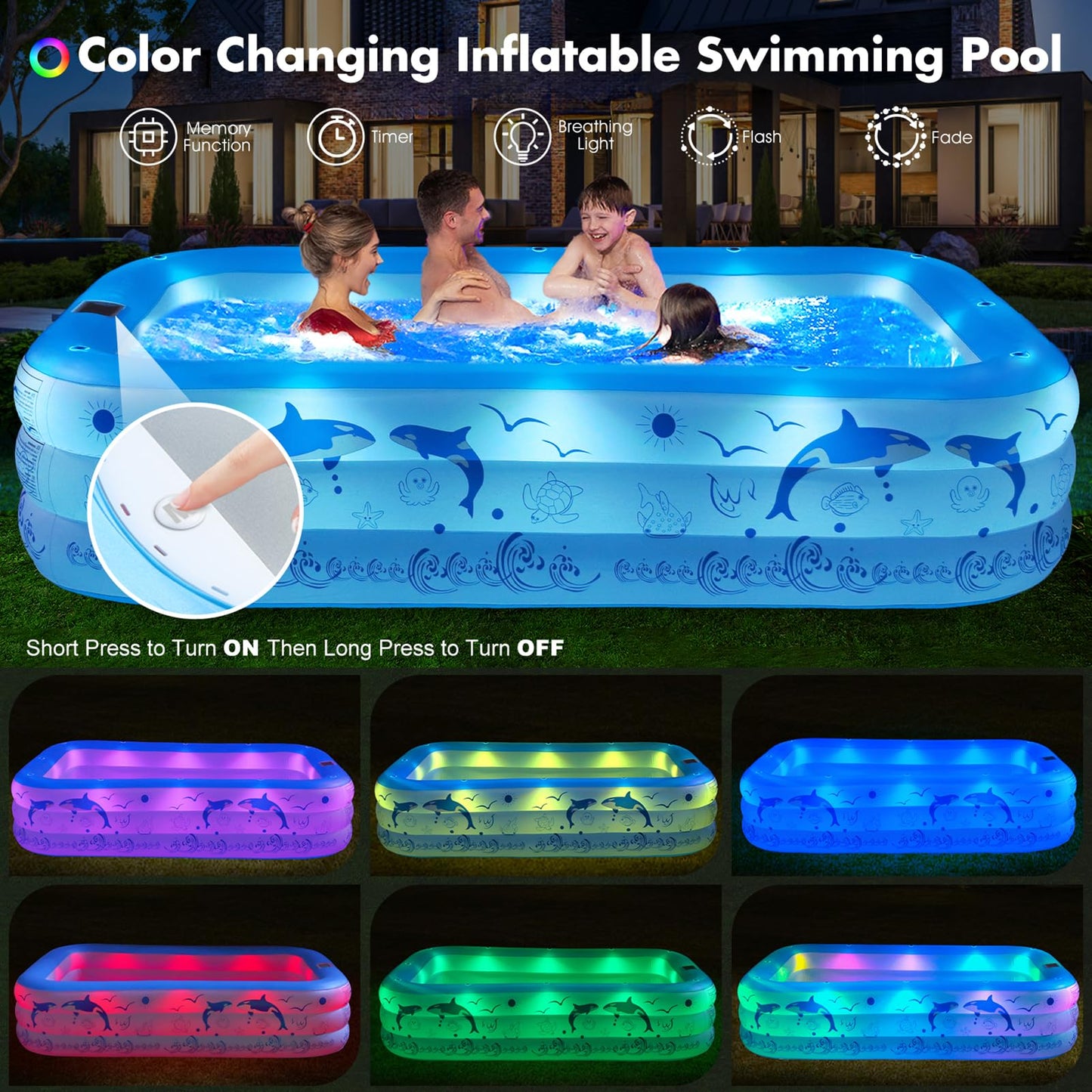 StarOcean 2026 Upgrade Inflatable Pool with Lights, Family Inflatable Swimming Pool for Kids,Adults,Blow Up Pool Solar Powered,Large Kiddie Pool,100"x63"x20"Oversized Thickened Pool for Backyard-Blue