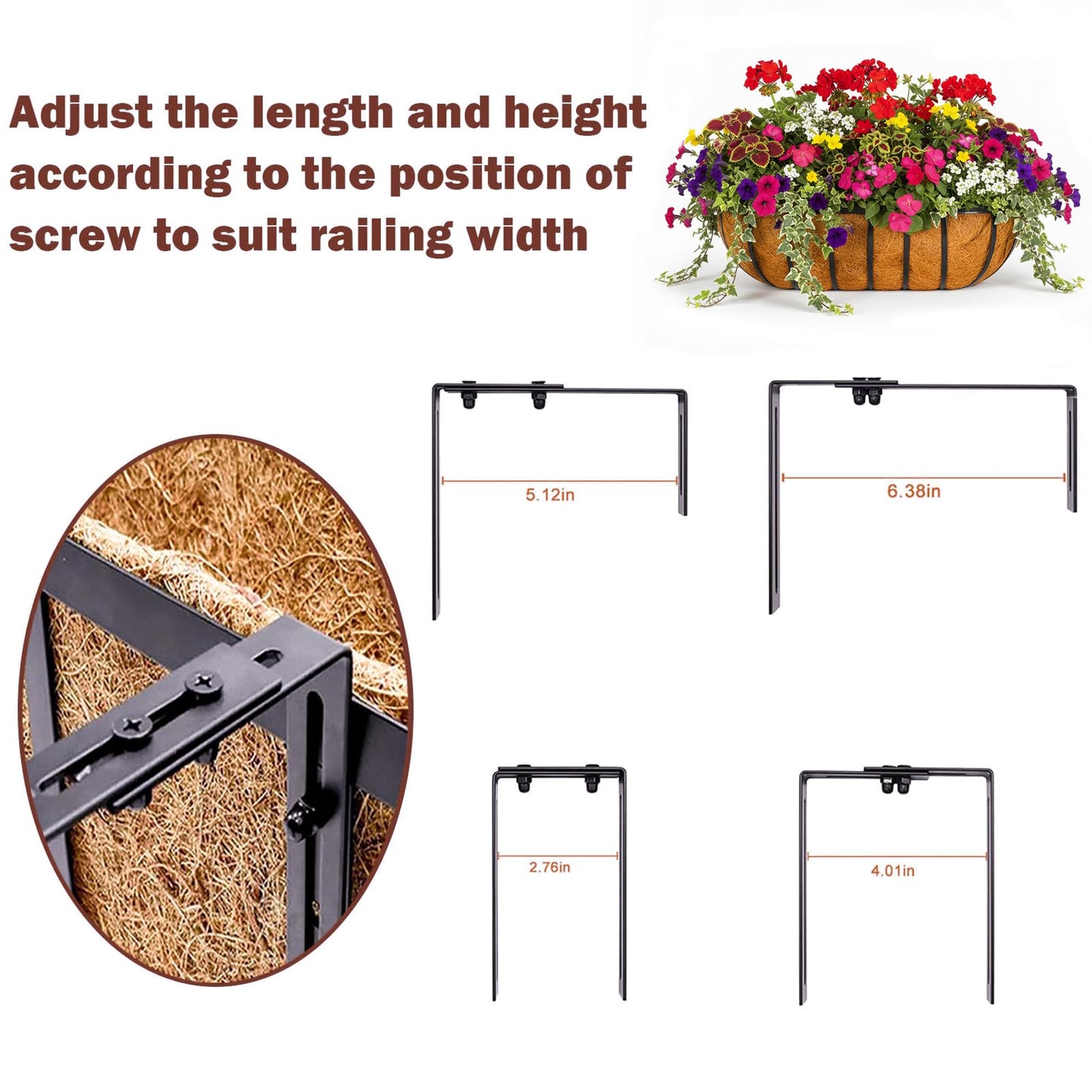 JFFLYIT 4 Pcs 24“ Railing Planter Window Box Deck Railing Planter Boxes with Coco Liner English Horse Trough Planter Metal Wall-Mounted Planters Basket for Outdoor Balcony Porch Fence Patio Rail