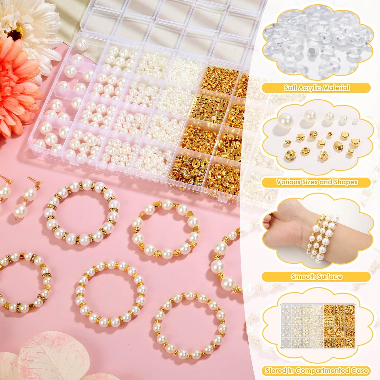 1352 Piece Gold Spacer and Pearl Beads for Bracelets, Assorted Gold and Pearl Beads for Jewelry Making
