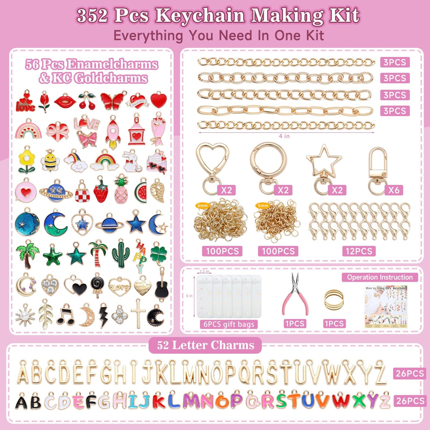 Riwiuue 352Pcs Lip Gloss Keychain Making Kit, DIY Charms Key Chain Making Kit with Bag Charm Supplies, Pendant, Jump Ring, Crab Clip, Pliers, Gift Bag & Tools for Mother's Day Party Gifts