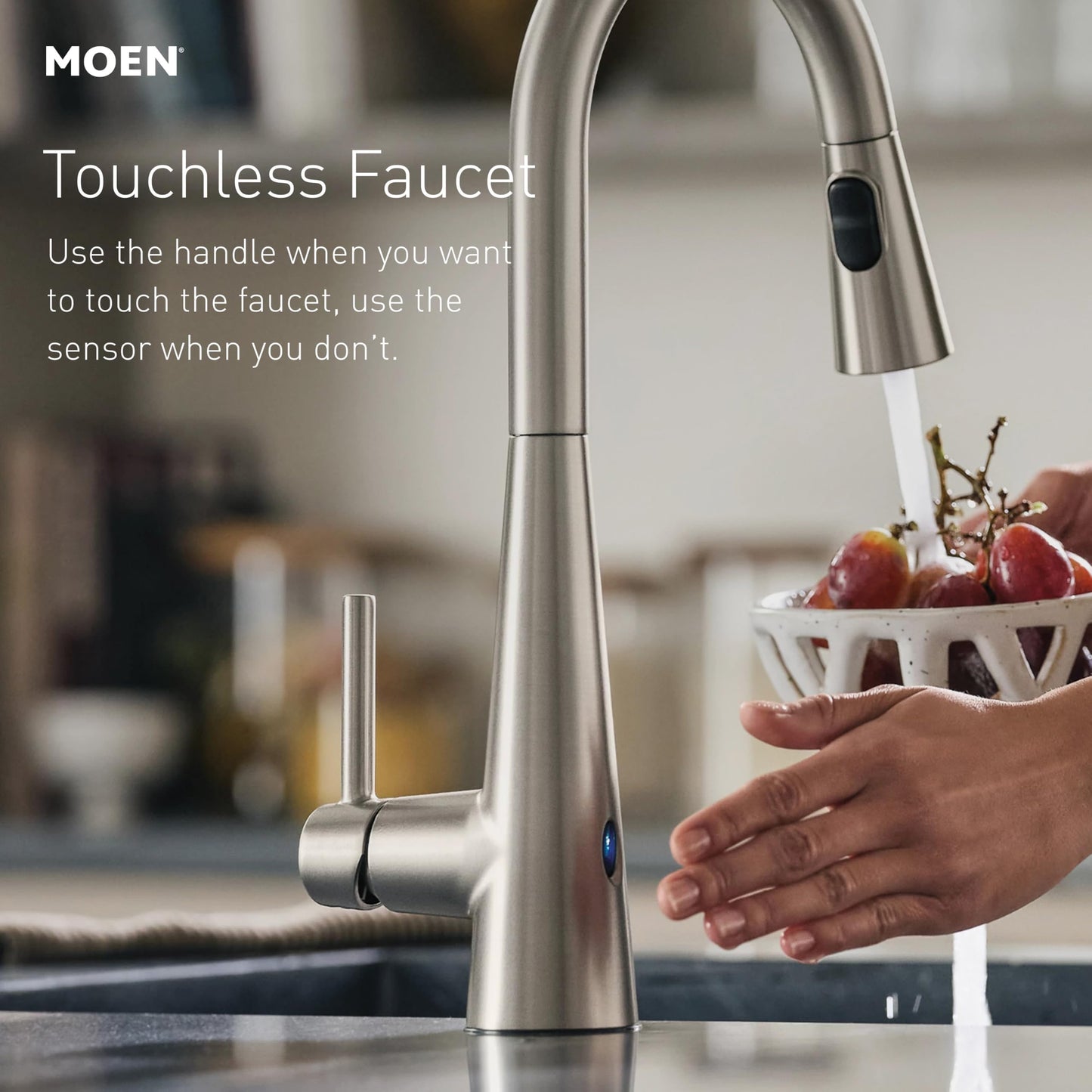 Moen Sleek Brushed Gold Motionsense Wave Sensor Touchless Kitchen Faucet, One-Handle Modern Kitchen Sink Faucet with Pulldown Sprayer Featuring Power Clean, 7864EWBG