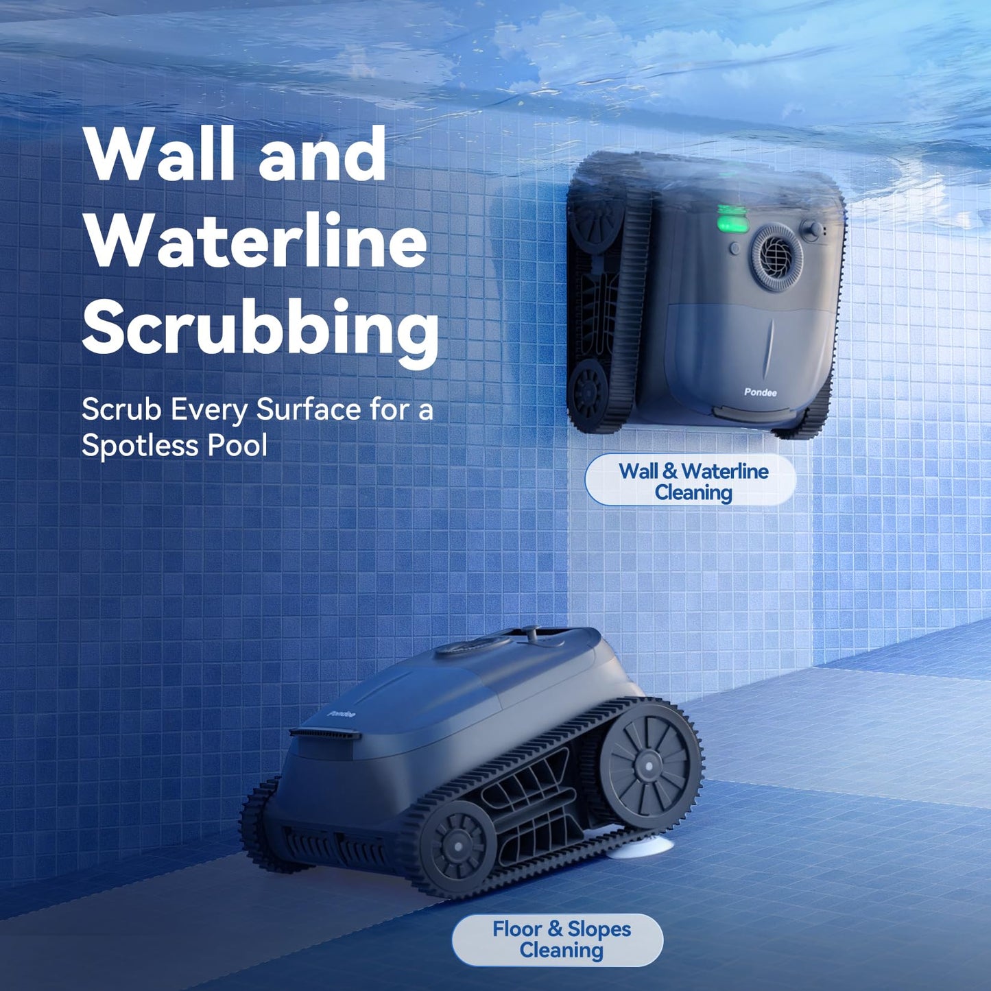 Pondee X5 Robotic Pool Vacuum for Inground Pools, Cordless Cleaner w/Smart Navigation, 4 Cleaning Modes, 180-Min Runtime, 5550 GPH Suction, Covers up to 3,229 sq.ft, Wall & Waterline