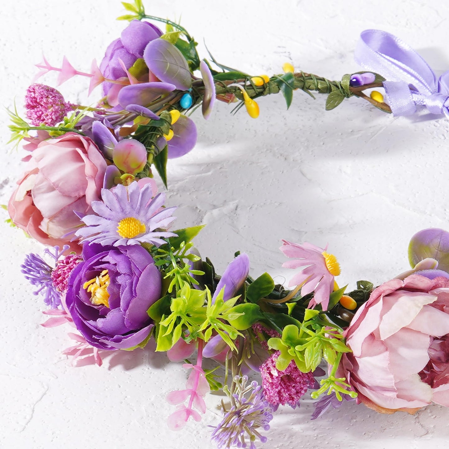 KorViSHOW Purple Flower Crown Headband, Artificial Fairy Daisy Floral Headpiece, Forest Boho Bridal Flower Crown for Women Girls Maternity Renaissance Weeding Festivals Birthday Hair Accessories