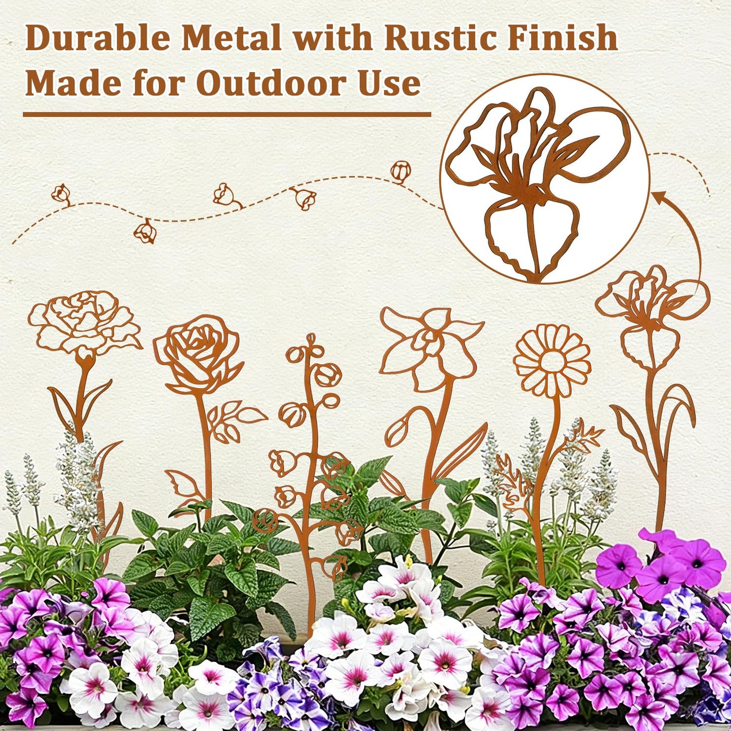 JULEASEL Rusty Metal Flowers for Outside, 6 PCS Decorative Garden Stakes, Metal Yard Art Outdoor Flower Bed Decor, Garden Stakes Decorative for Lawn, Pots, Walkway