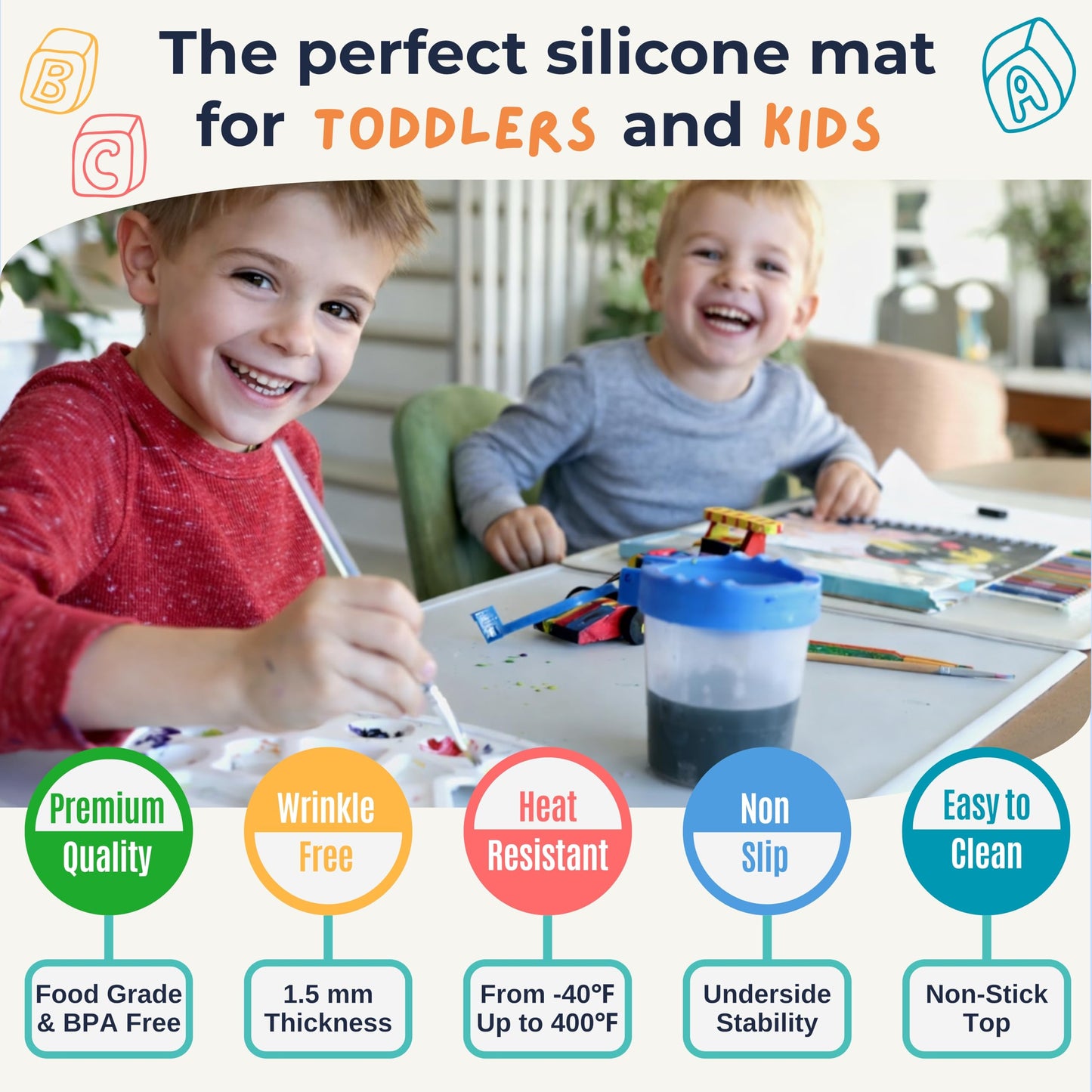 Silicone Craft Mat for Painting, PlayDoh and Art Projects with Angle-Protective Safety Edge – Toddlers & Kids Placemat – Non-Slip & BPA-Free Food Mat – 1.5mm Thick, 24"x16", Cloud Gray