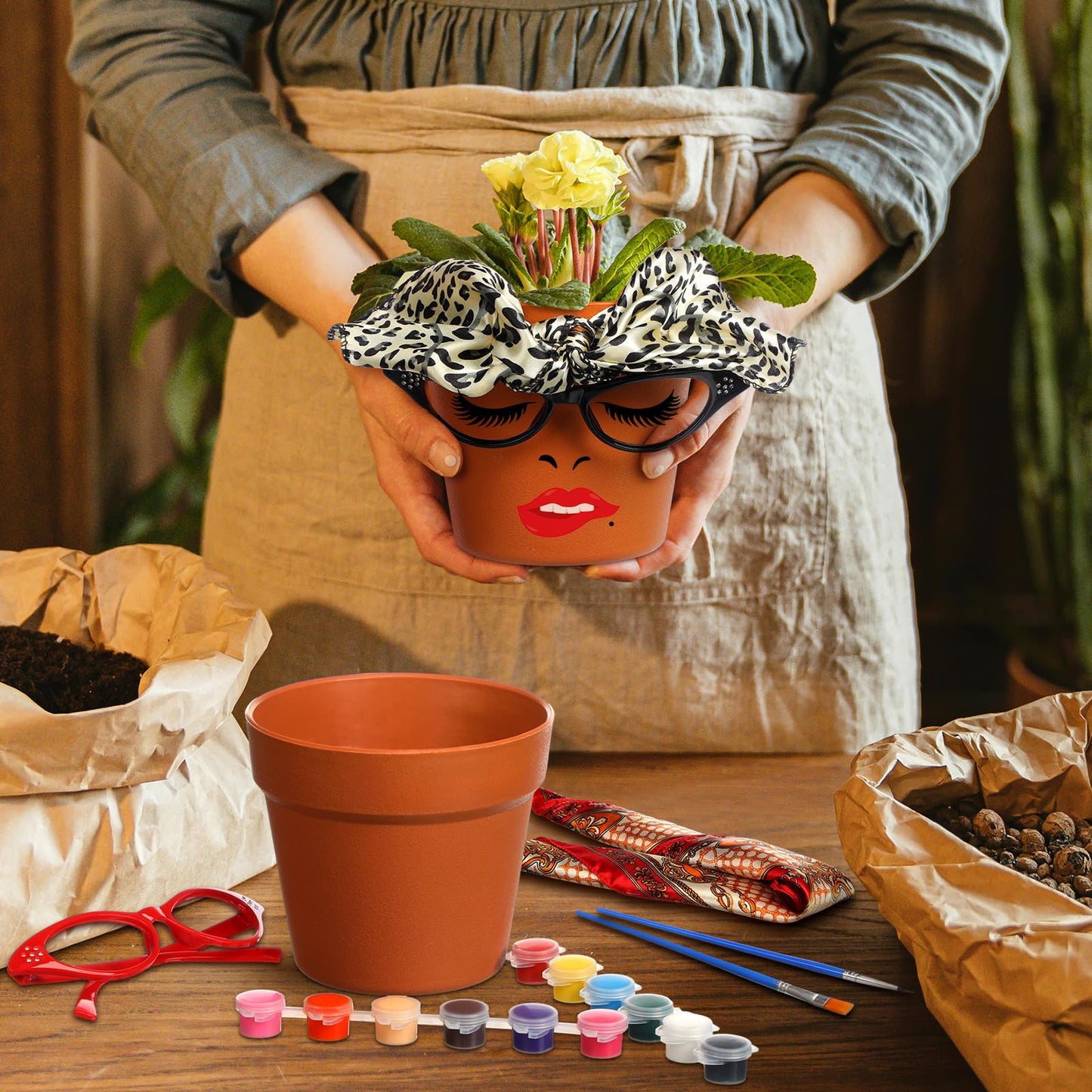 Sliner 6 Set Cute Face Flower Pot Head Planter Funny Plant Pots Painting Kit Include Glasses Silk Scarf Acrylic Paint Glasses Flower Sister Planter Adults Art Painting Spring DIY Crafts