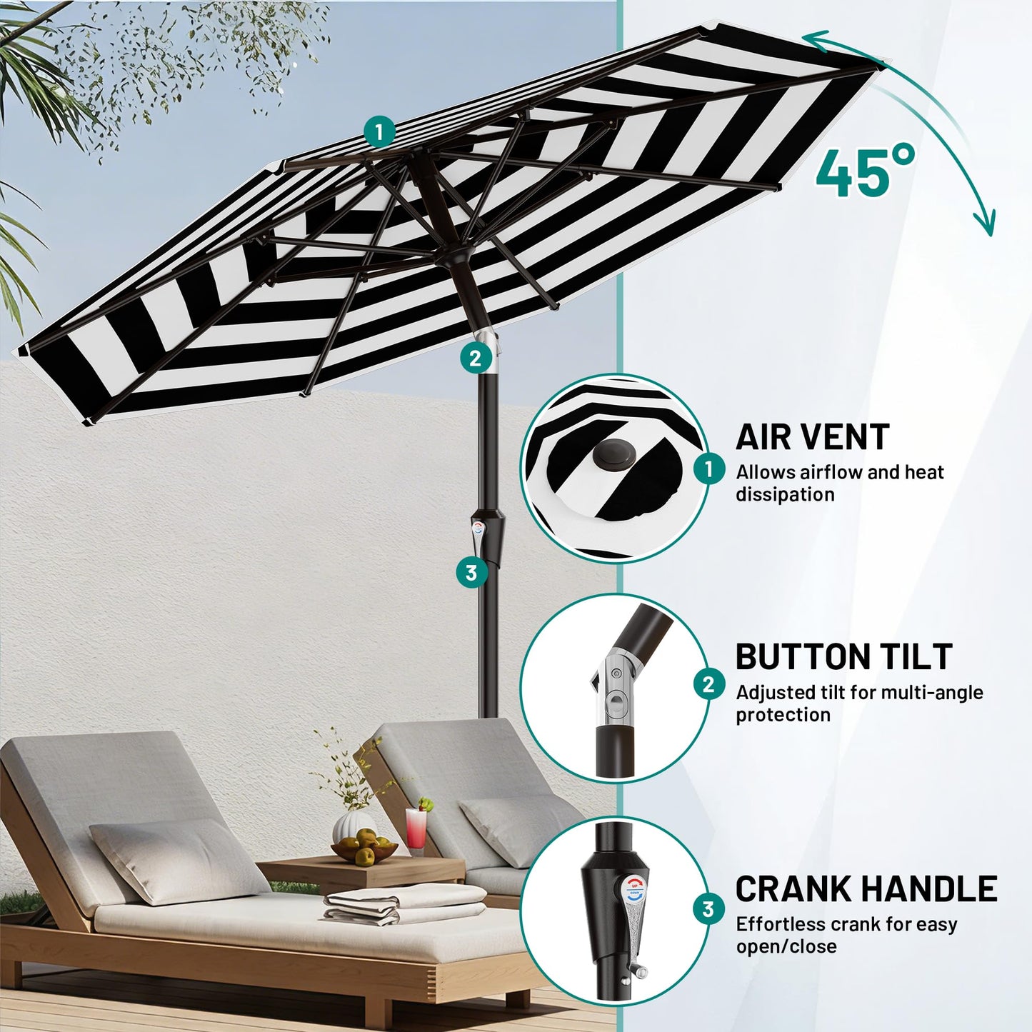 AreShark 9 FT Patio Umbrella for Outdoor, Outdoor Table Umbrella with Push Button Tilt and Crank, Outdoor Patio Umbrellas with 8 Sturdy Ribs for Market, Garden, Pool (Black & White Stripe)