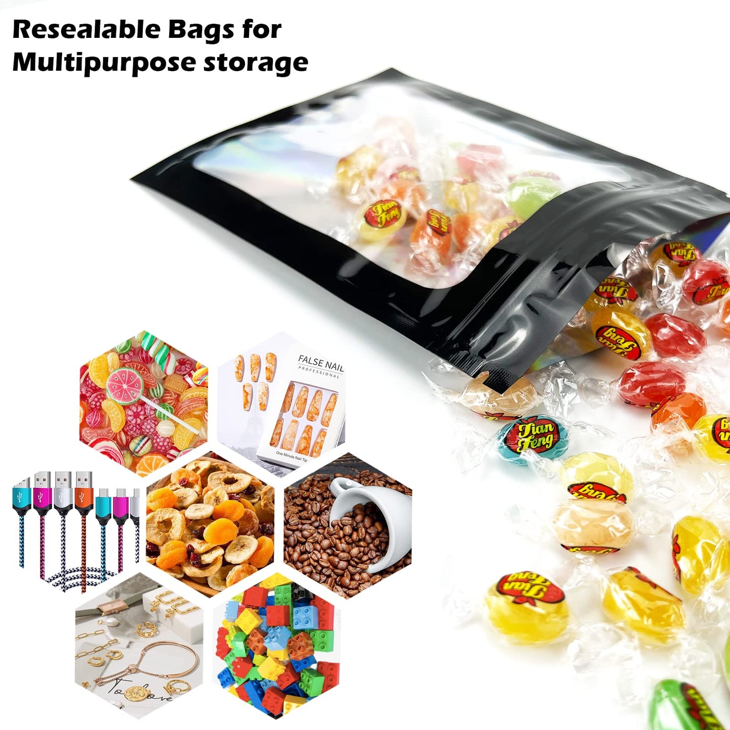 300 Pcs Holographic Mylar Bags, 3 Size Smell Proof Bags with Clear Window Foil Pouch Bags Resealable Bags for Small Business and Food Storage, Black