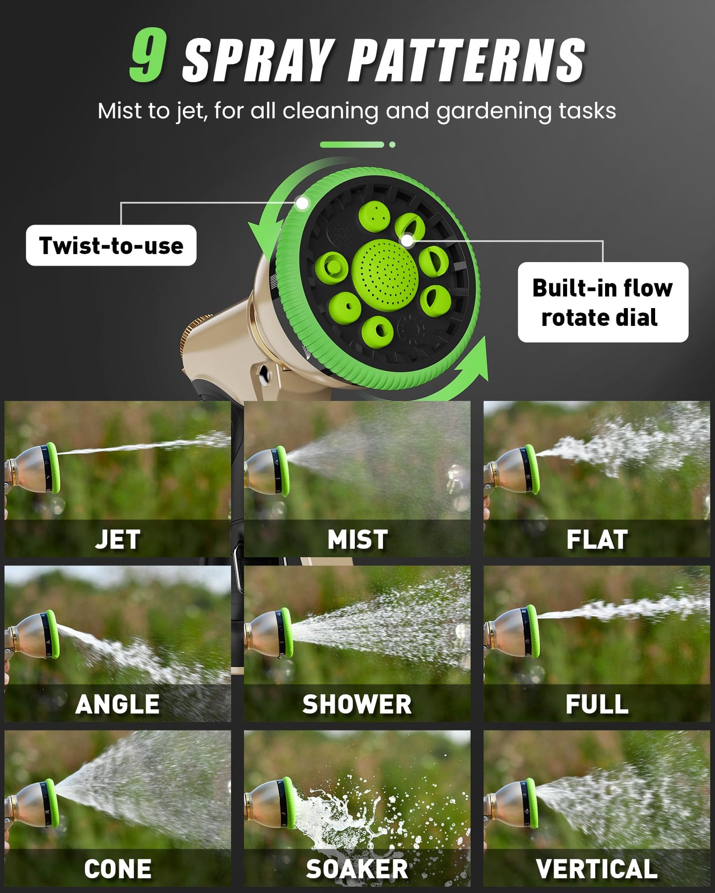 RAINPOINT Garden Hose Nozzle, Heavy Duty Metal Hose Sprayer Nozzle, 9 Adjustable Spray Patterns, High Pressure Hose Sprayer for Watering Plants, Lawns, Car and Pet Washing (Green)