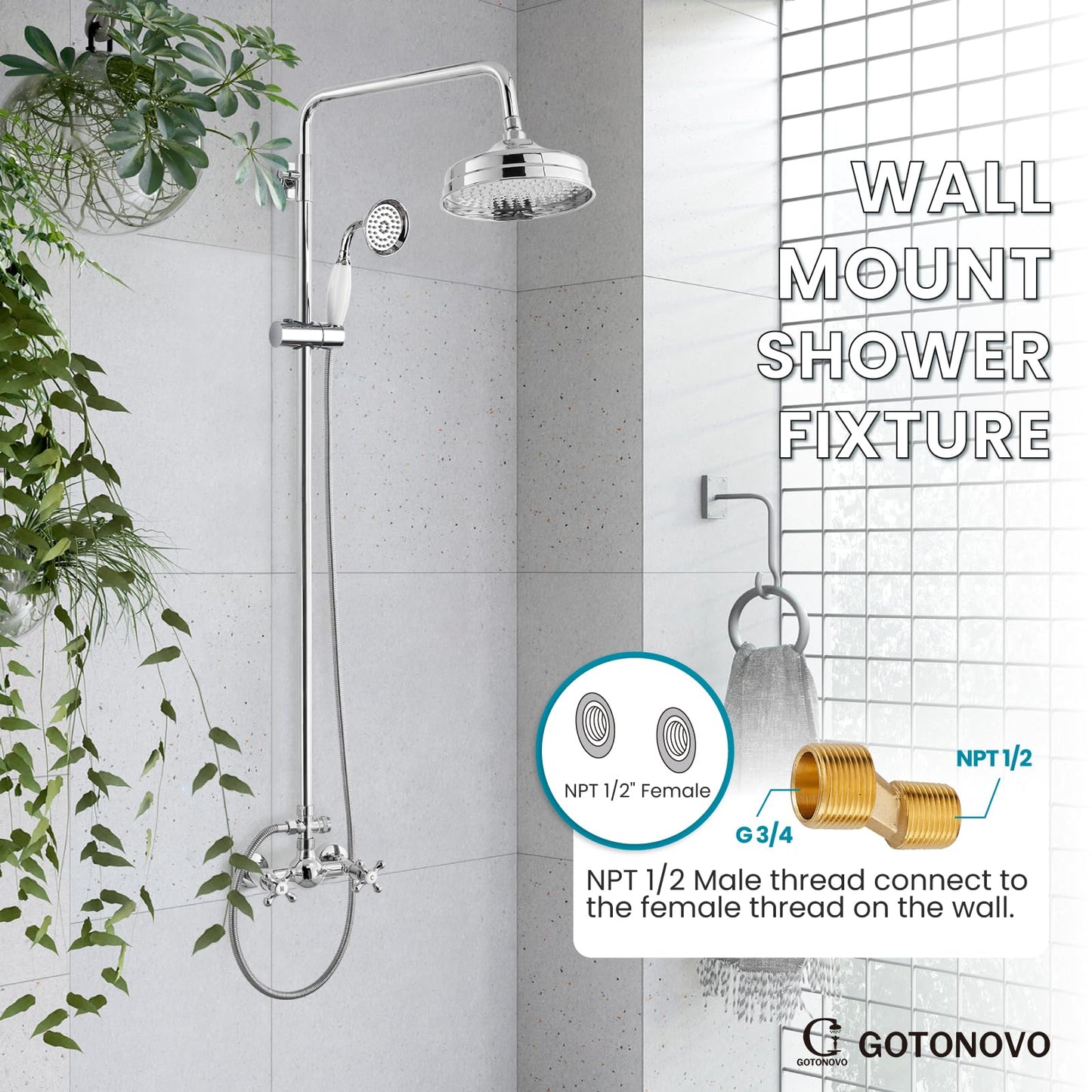 gotonovo Luxury Exposed Shower Faucet Set Bathroom Shower System 8 Inch Wall Mount Rainfall Shower Head with Handheld Spray Cross Double Handle Shower Fixture Adjustable Straight Rod Polish Chrome