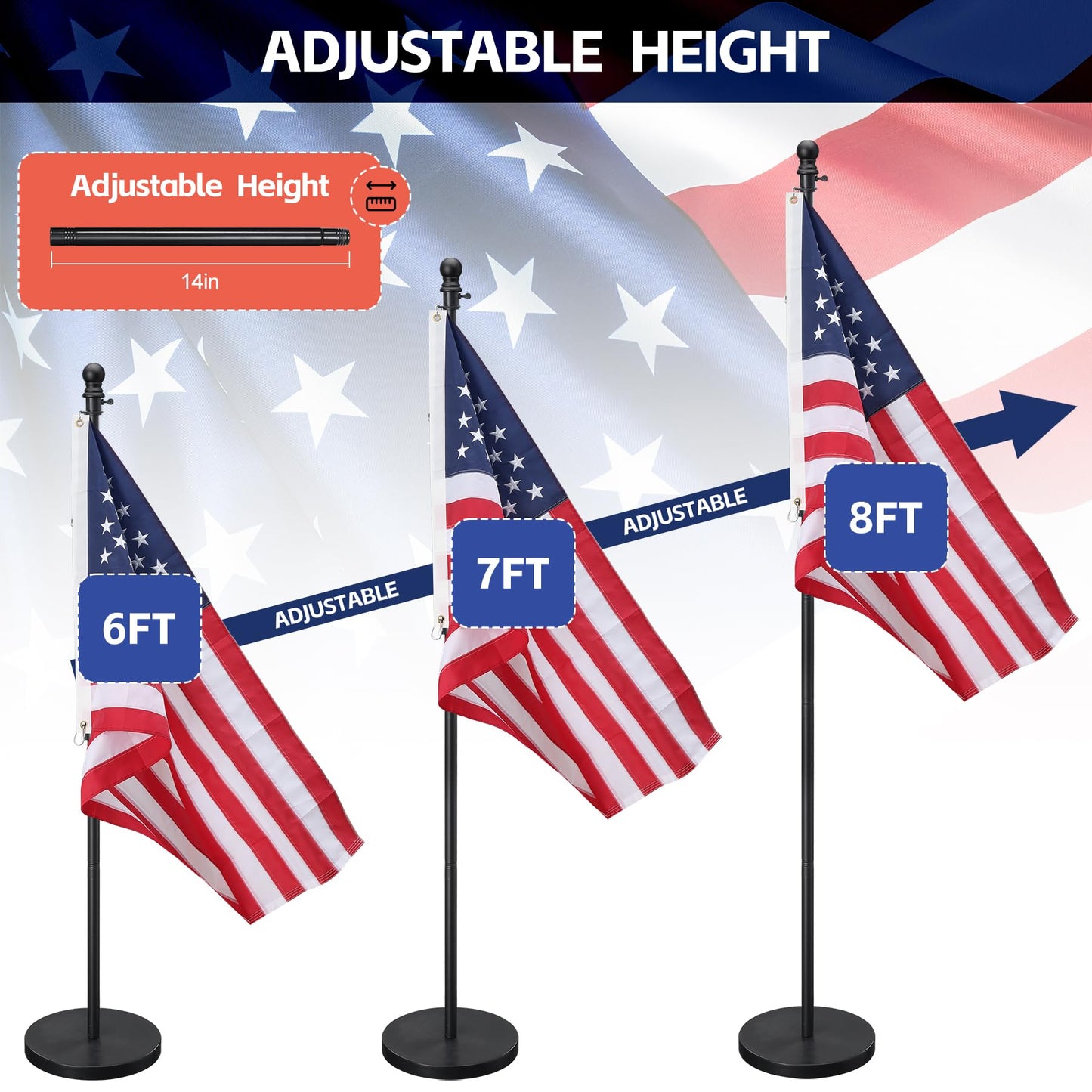 Flag Stand Indoor - 1" Heavy Duty Metal Flag Pole Set with Base,6-8ft Adjustable,Portable & Free Standing For Office,Conference Room,Classroom,Entryway,Outdoor Porch Deck (Black)