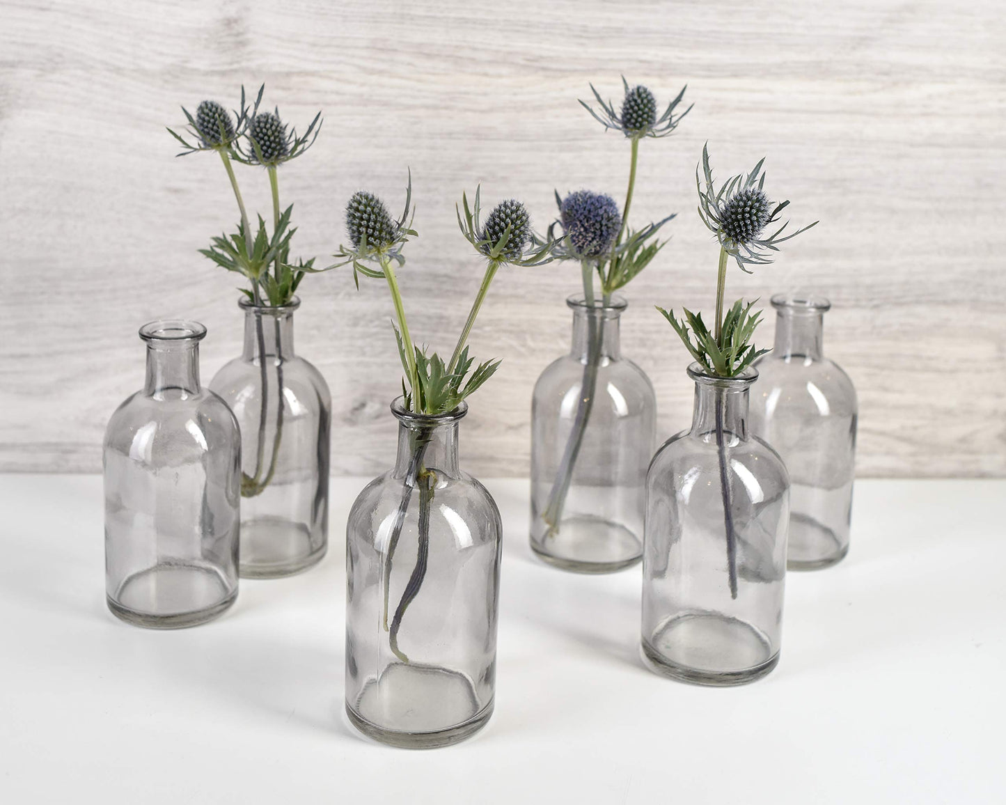 Bud Vases, Apothecary Jars, Decorative Glass Bottles, Centerpiece for Wedding Reception, Elegant Antique Decoration, Mini Flower Vases, Small Medicine Bottles for Home Decor (Smoke Gray, Set of 6)