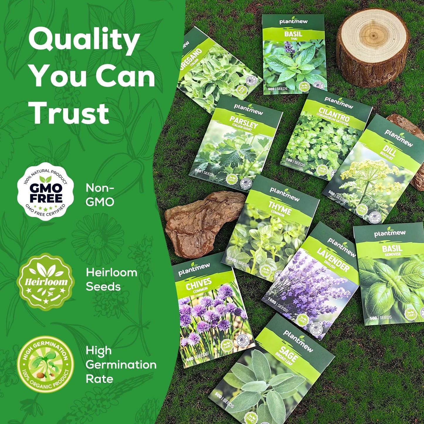 PLANTMEW 10 Herb Seeds Variety Pack - 7,000+ Heirloom Seeds - Basil, Cilantro, Lavender, Parsley, Dill, Thyme, Chives, Oregano, Sage, Herb Garden Kit for Planting Home Garden, Gardening Gift