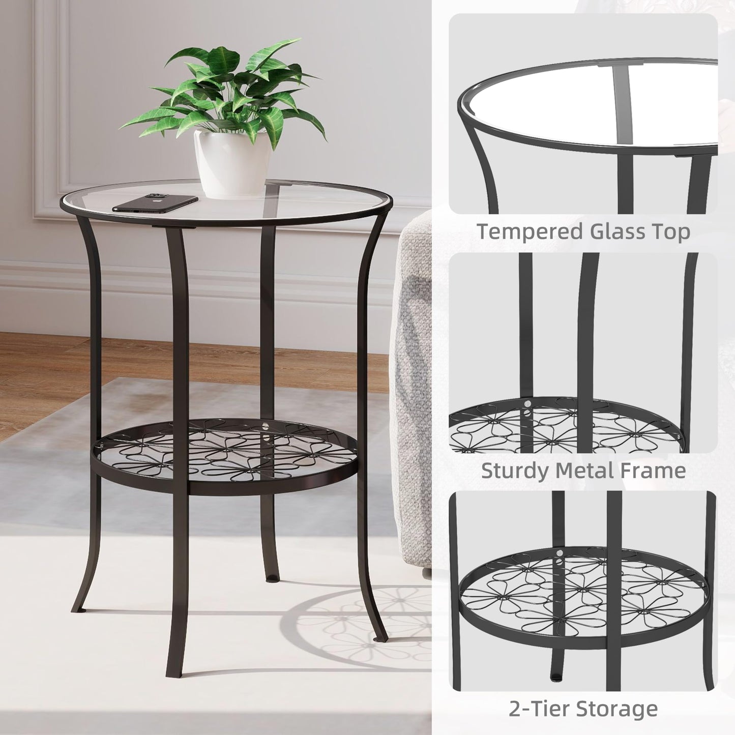 DDK 2-Tier Round Side Table with Tempered Glass Top & Decorative Floral Metal Shelf, Outdoor End Table for Patio Balcony, Indoor Accent Table for Living Room Bedroom