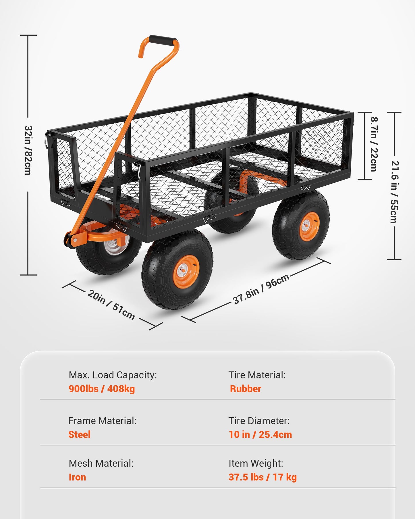 Garvee Steel Garden Cart, 900 LBS Capacity Utility Outdoor Wagon, Heavy Duty Mesh Garden Metal Wagon with Removable Sides and 10" Tires for Yard, Lawn, Garden
