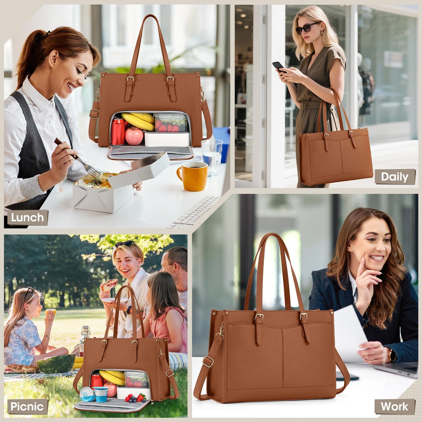 RAINSMORE Lunch Tote Bag for Women 15.6 Inch Laptop Bags with Insulated Lunch Compartment Large Leather Quilted Computer Tote for Teacher Nurse Work Collage Casual Brown