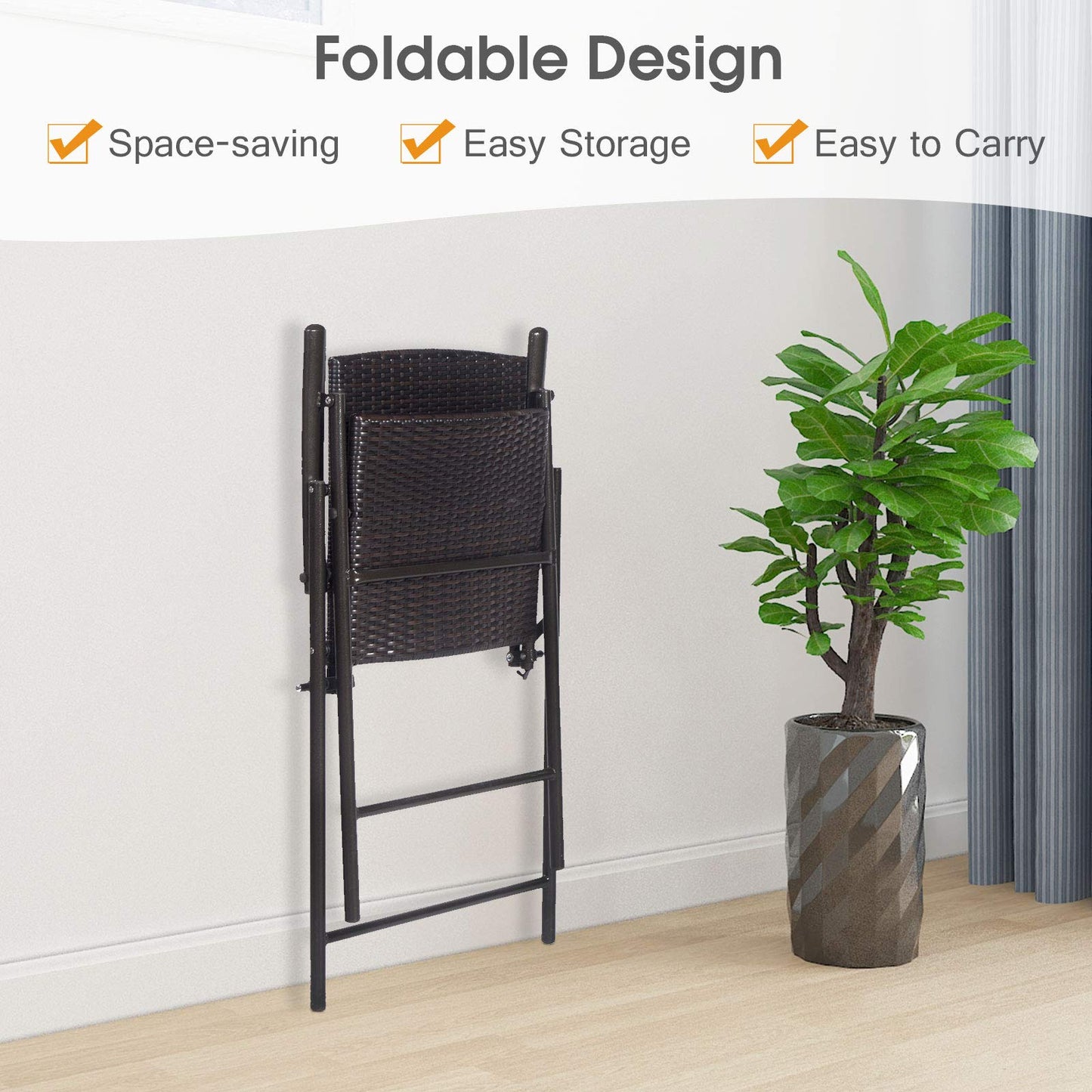 LUARANE Folding 4 Pieces Wicker Rattan Chairs, Tall Bar Stool Set with Back Steel Frame Footrest Armrest, Weather-resistant Comfortable Chairs for Outdoor Indoor Garden Patio Furniture Set, Brown