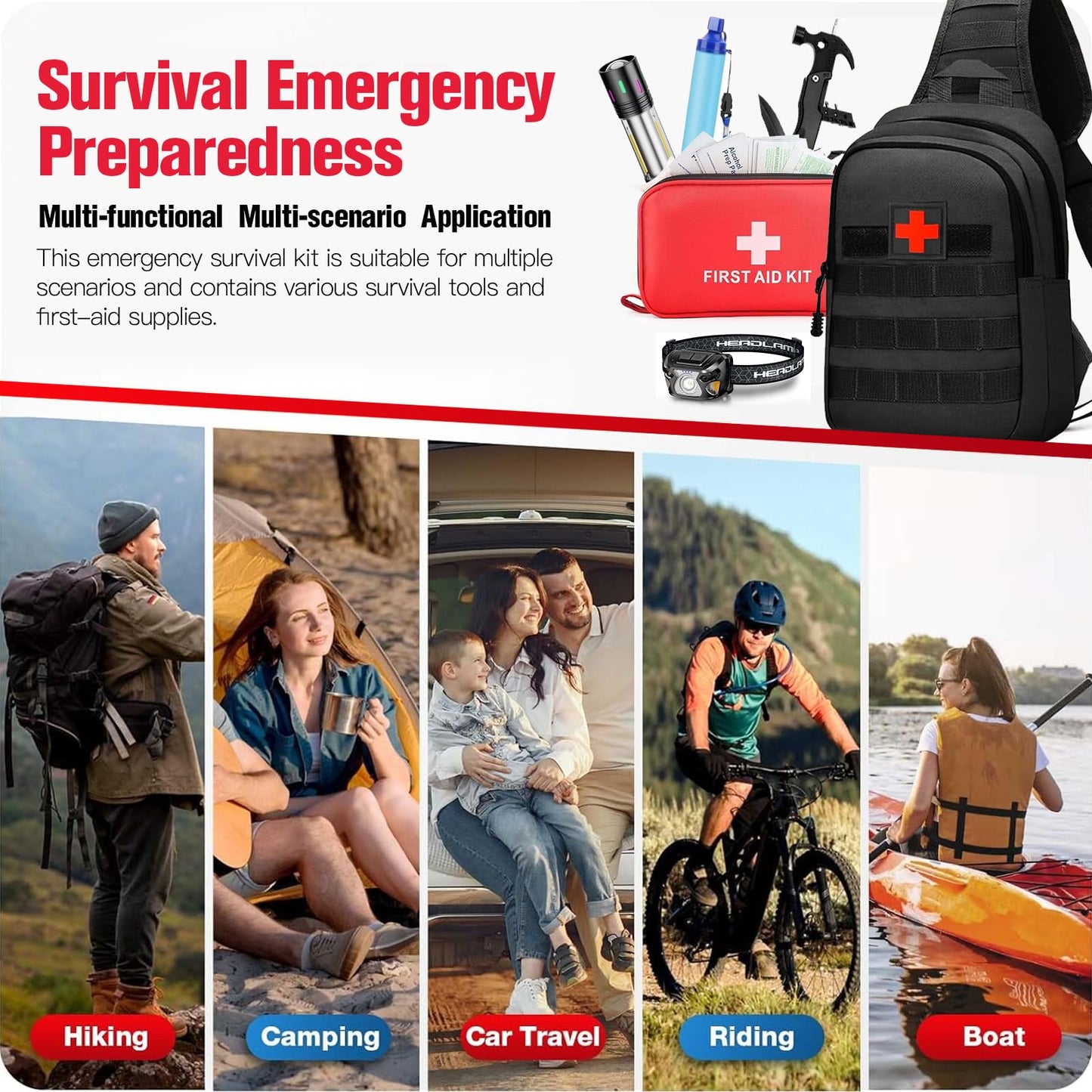 Gemmac 218pcs First Aid Kit Emergency Survival Kit, First Aid Bag with Compass Raincoat Emergency Blanket Torch Medical Kits, Survival Bag for Hunting Camping Essentials Hiking Gear Outdoor Adventure