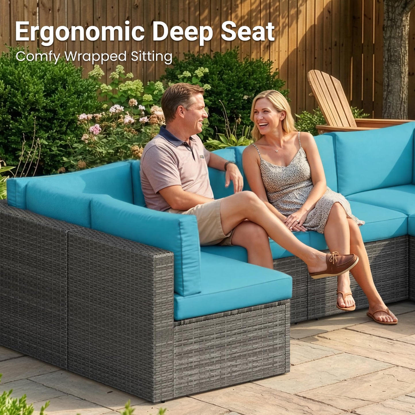 May in Color 7 Pieces Wicker Outdoor Patio Furniture Set, Patio Sectional Sofa with Coffee Table, All-Weather Outdoor Sectional Furniture for Garden Backyard, Light Blue