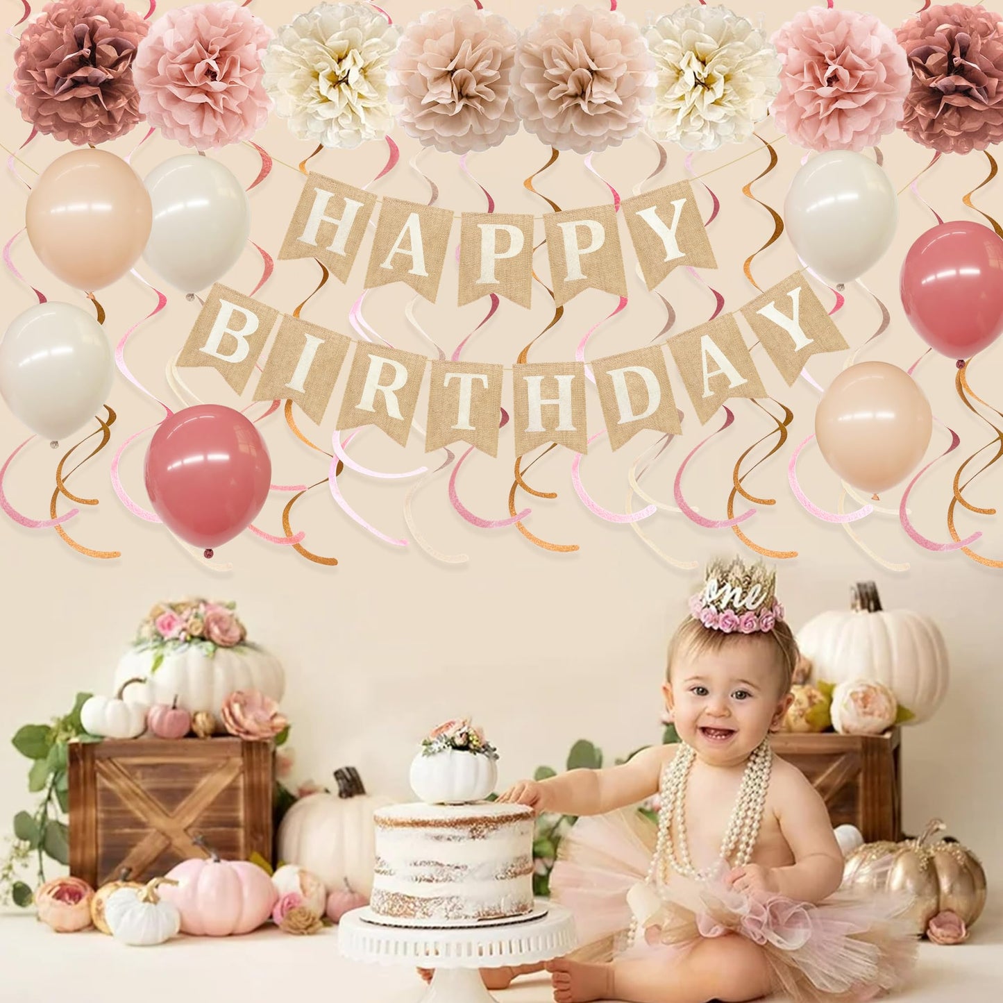 Dusty Pink Birthday Party Decorations for Women Girls Burlap Happy Birthday Banner Blush Pink Table Runner Felt Hanging Swirls Tissue Paper Pompoms Latex Balloons for Boho Happy Bday Party Decor