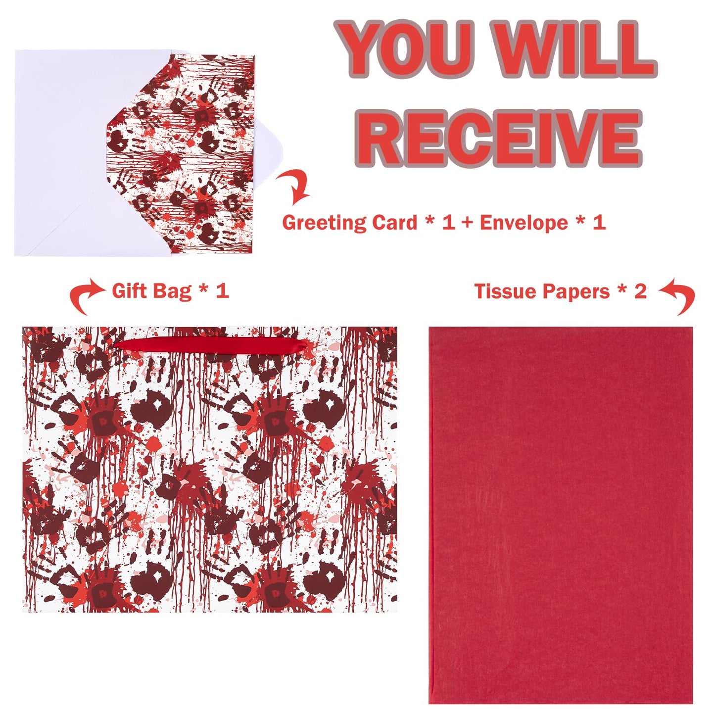 WRAPAHOLIC Bloody Halloween Large Gift Bags with Tissue Paper and Card - 10 x 5 x 13 inch - Spooky Blood Splatter and Handprint Halloween Paper Bags for Holiday, Party Gift Wrap (Pack of 2)
