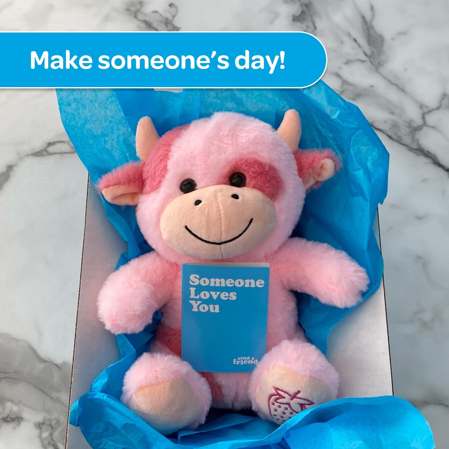 SendAFriend Sally The Strawberry Cow Stuffed Animal Care Package, Someone Loves You Box, Great Gift for Any Reason (Happy Birthday Notecard)