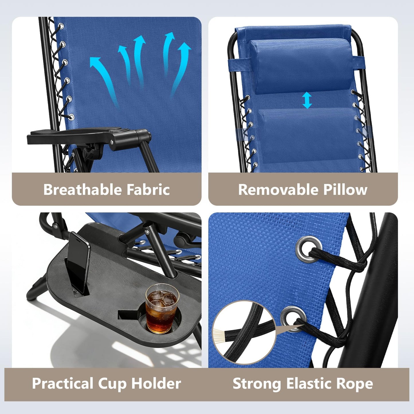 Zero Gravity Chairs Set of 2, Adjustable Lounge Chair Outdoor Recliner, Folding Reclining Lawn Chair, Anti Gravity Chair with Pillow & Cup Holder for Pool Camping Sunbathing Beach Patio (Blue)