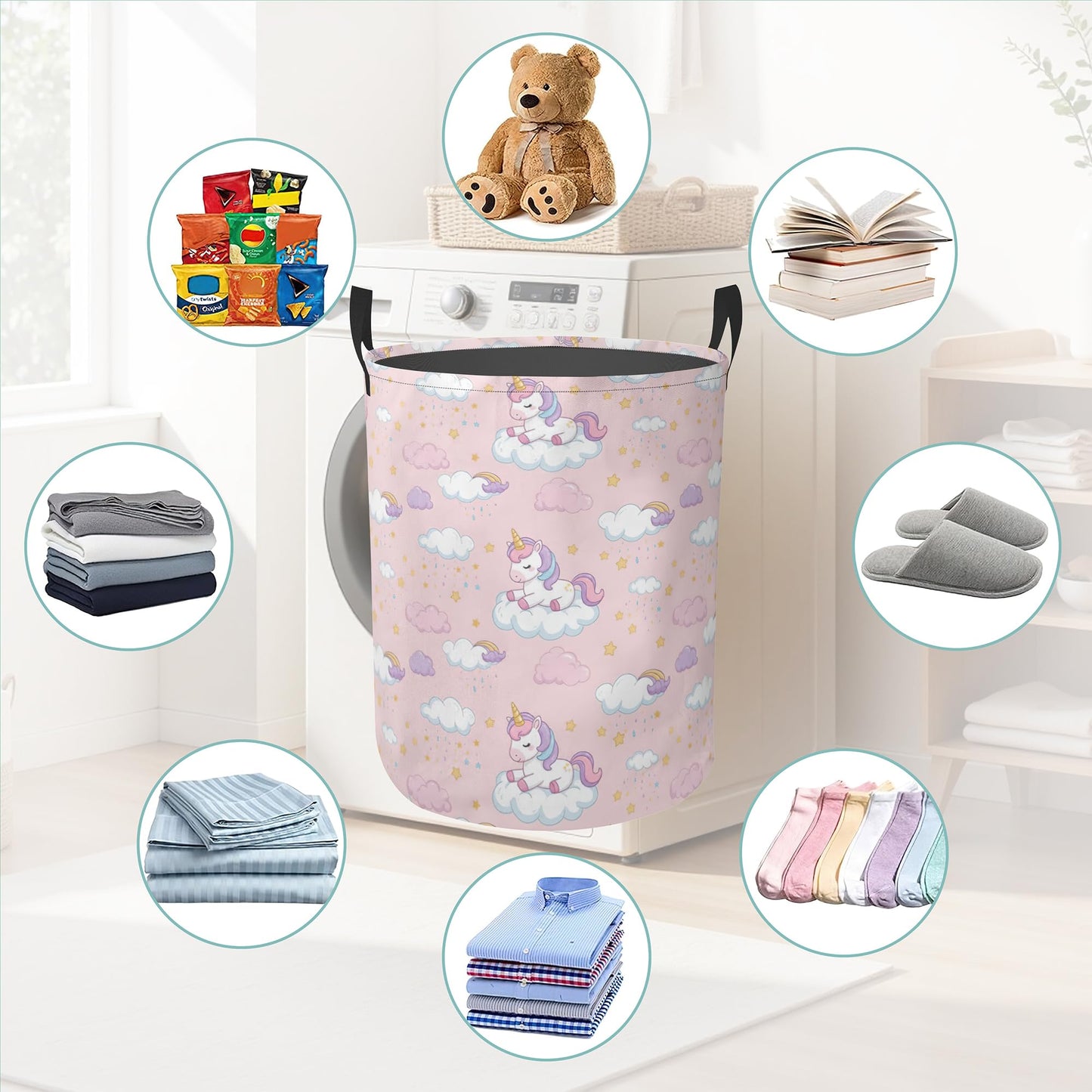 Cute Pink Unicorn Round Laundry Hamper Storage Basket Toys Clothes Organizer Bin For Home Bathroom Bedroom Dorm Nursery