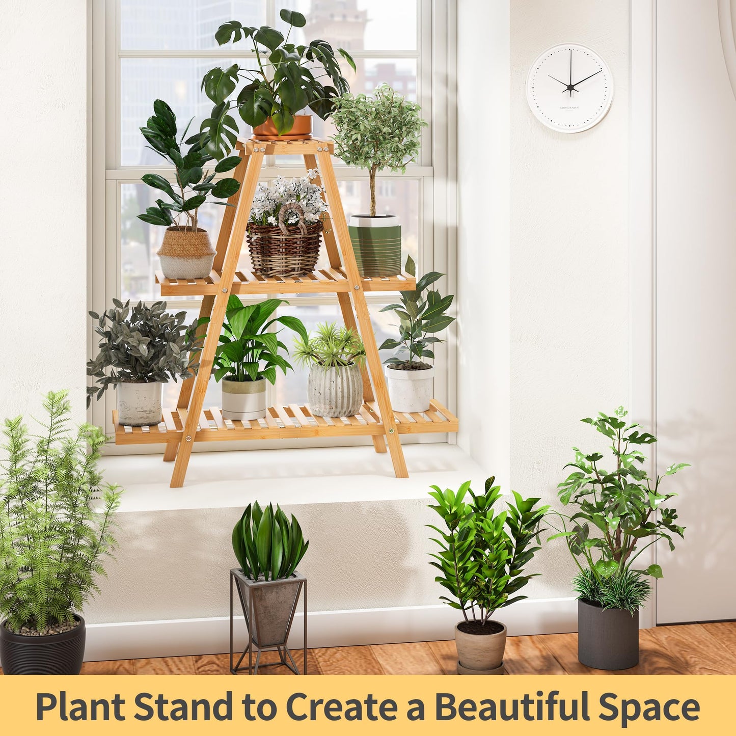 Furshus Bamboo Plant Stand - Indoor/Outdoor 3 Tier Plant Ladder, 8 Potted Flower Holder, Natural