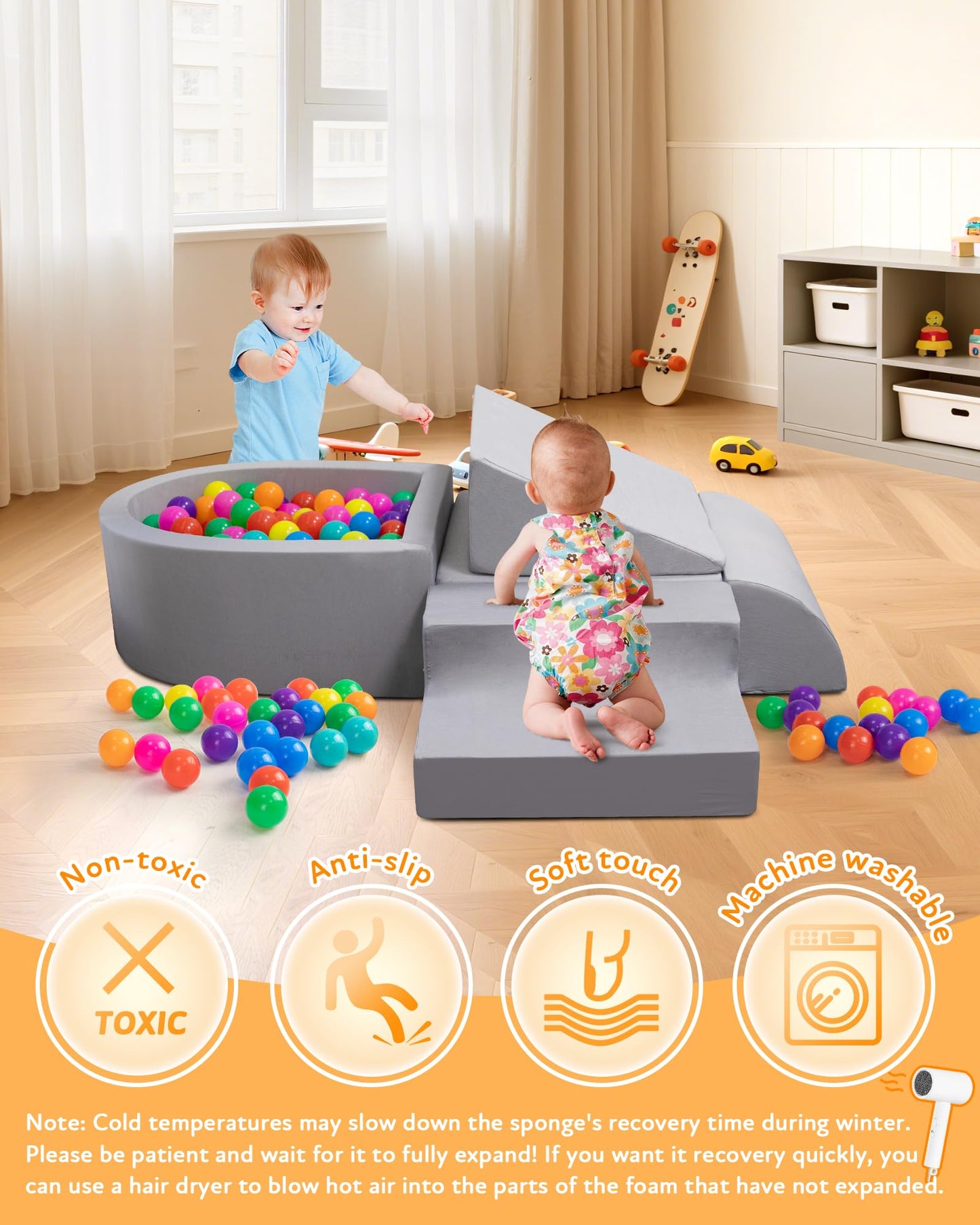 Auksay Baby Climbing Blocks, Soft Play Set for Crawling Baby 6-12 Months, Anti-Slip Particles Bottom & Velcro Connectors, High-Density Foam Gym with Soft Fabric Cover (Balls not Included)(Grey)