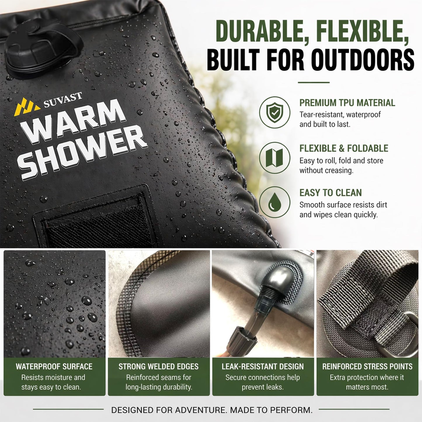 suvast Solar Shower Bag, 4 Gallon/15L, TPU Portable Solar Shower for Camping & Outdoor Cleaning, with Hose and Carry Bag