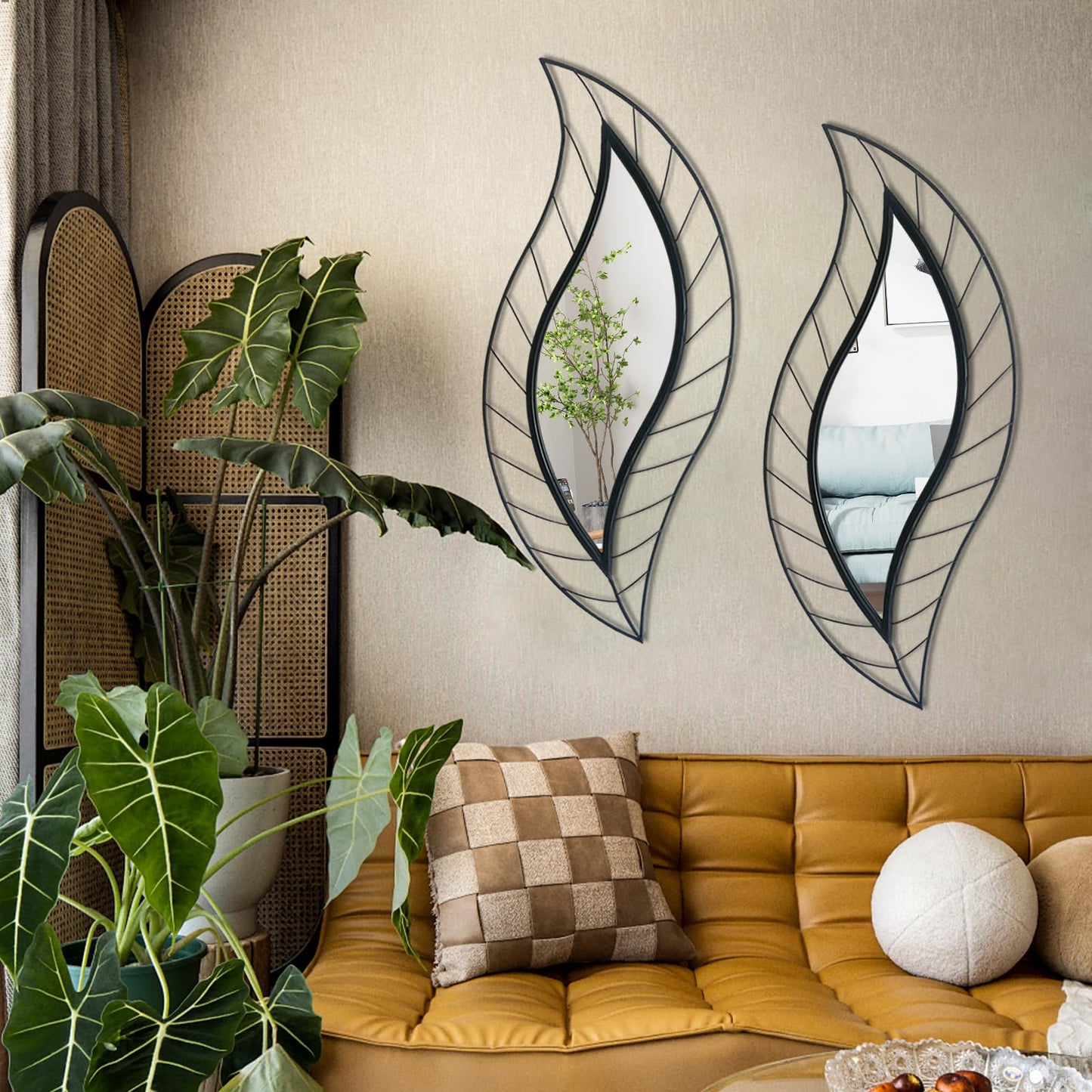 ironsmithn Decorative Wall Mirror, Leaf Teardrop Mirror with Metal Frame, 45" x 18.5" Black Wall Mounted Mirror for Bathroom Vanity Living Room Bedroom Fireplace