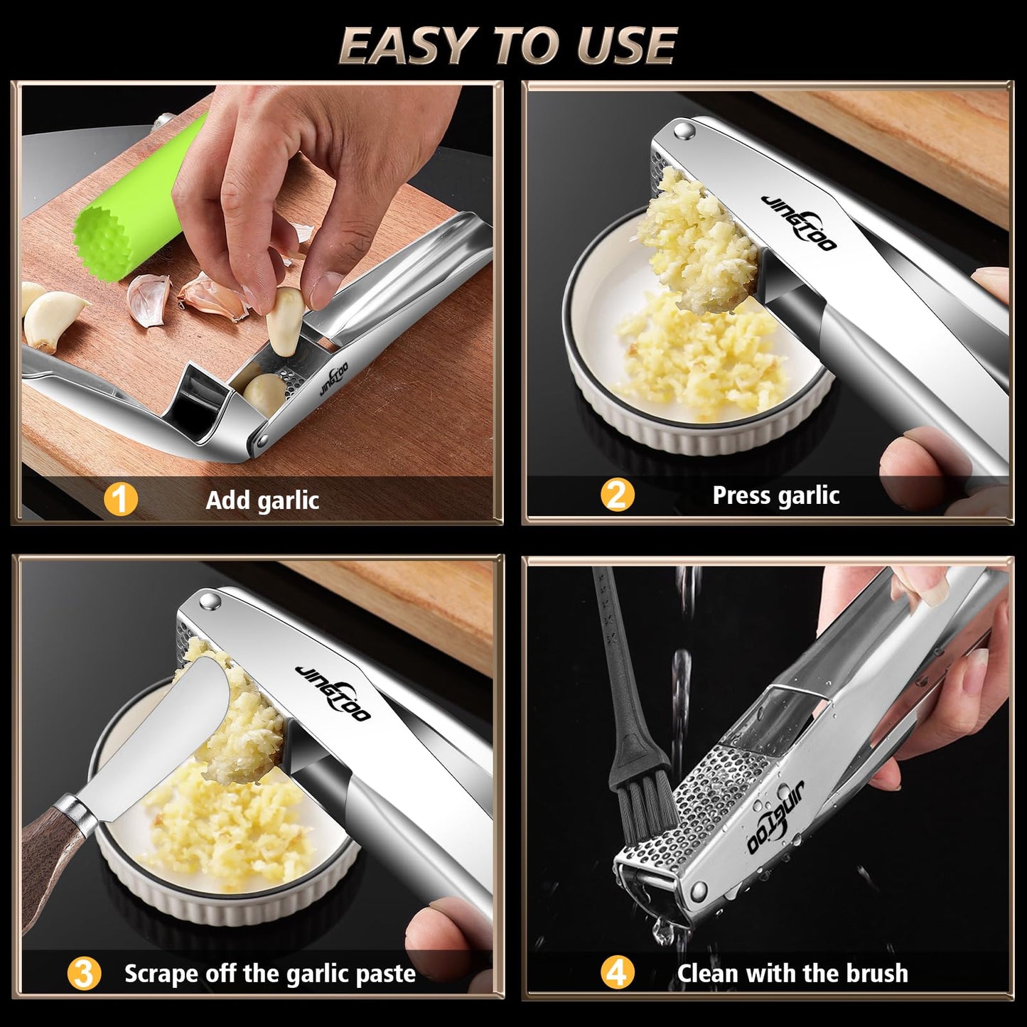 JINGTOO Garlic Press Stainless Steel, Premium Garlic Mincer - 5 Years Warranty - No Need to Peel Garlic Crusher, Ginger Masher & Presser Large Trough Ergonomic Handle, Easy Squeeze，Dishwasher Safe