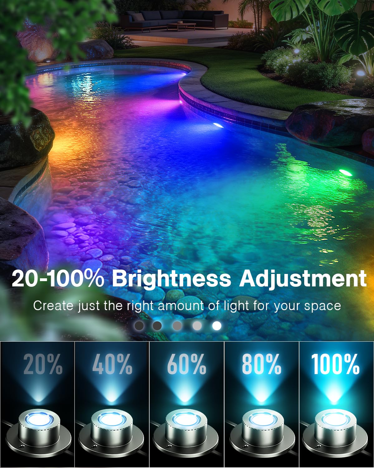 HIBOITEC LED Pond Lights, RGBWW Underwater Fountain Light with 12V Timer Transformer,Photocell Light Sensor, IP68 Waterproof Outdoor Underwater Lights for Outdoor Ponds Garden, 6 Head